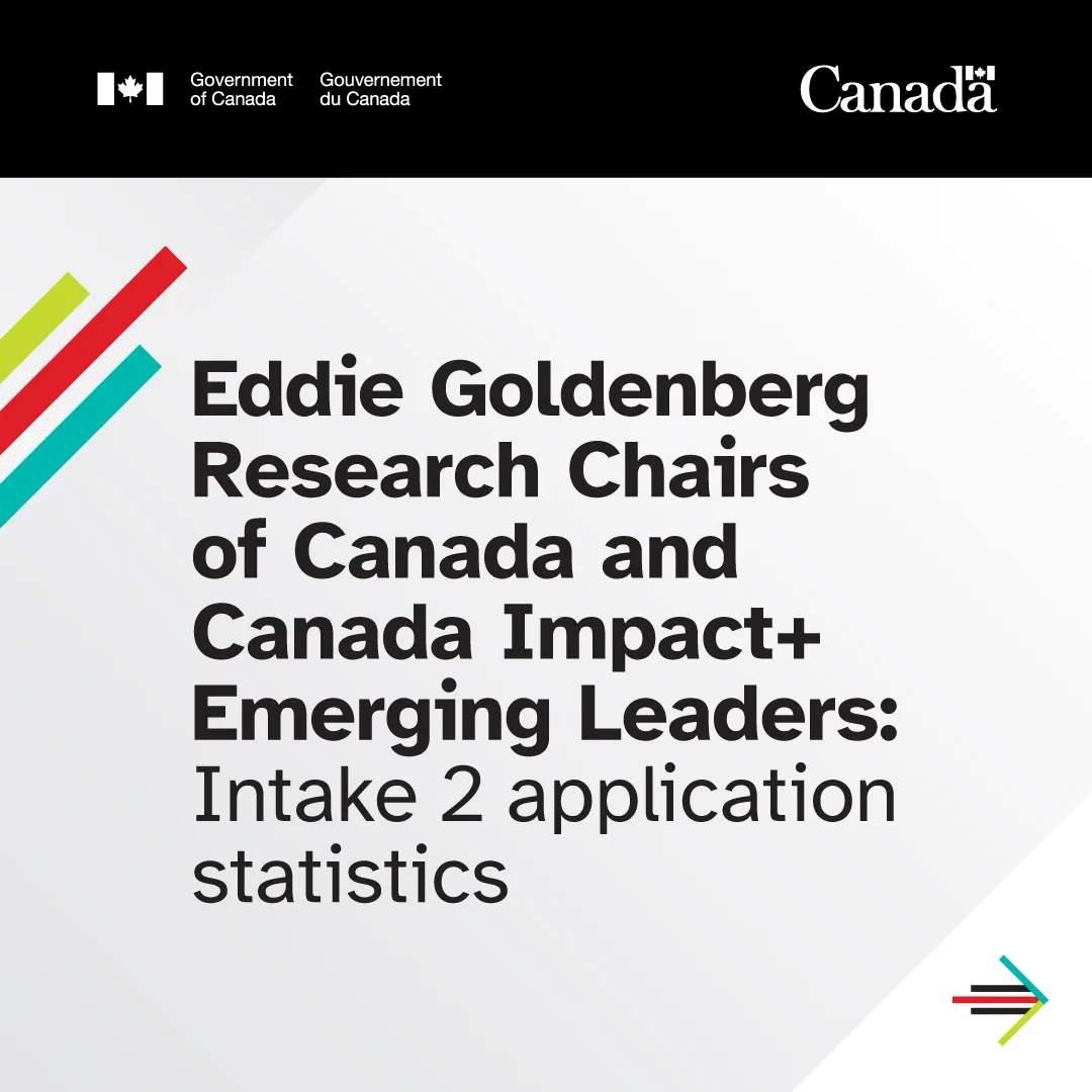 Eddie Goldenberg Research Chairs of Canada and Canada Impact+ Emerging Leaders: Intake 2 application statistics” with small arrow in the corner pointing to the right