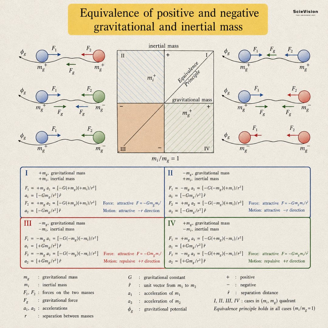 scievision369's tweet photo. Equivalence of Positive and Negative Gravitational and Inertial Mass ✍️

Here’s a question that will truly change your perspective on physics. What if mass could be negative? Before you dismiss this as science fiction, keep in mind that no one has ever mathematically proven that negative mass cannot exist. When serious physicists explore its implications, the results are so strange and fascinating that they leave you wondering what the universe is really made of. This diagram illustrates that exploration with careful mathematical reasoning, and its conclusion is stunning. Even in a universe where mass can be negative, the fundamental principle of gravitational physics remains intact. 

The first thing to grasp, a point many physics courses overlook, is that mass isn't a single property but two distinct physical qualities that happen to be equal in all known matter. The first type is gravitational mass, the property that determines how strongly an object creates and responds to gravitational fields, similar to electric charge in electromagnetism. The second is inertial mass, which measures how strongly an object resists acceleration, making it harder to push a bowling ball than a tennis ball. These two concepts are so different that there’s no clear reason they should be equal. Yet, every experiment confirms their equality to better than one part in a trillion. Einstein found this so striking that he established it as a fundamental principle called the equivalence principle. This principle is expressed in the diagram as the ratio of inertial mass to gravitational mass being exactly one, forming the basis for his entire theory of general relativity.

The main map in the diagram organizes all possibilities into four quadrants, with inertial mass on the vertical axis and gravitational mass on the horizontal axis, each ranging from negative to positive. The diagonal line running through these quadrants represents the equivalence principle. Observing this line persist through all four quadrants is like seeing a golden thread of mathematical consistency woven into every possible version of reality.

Quadrant One, in the upper right, depicts the familiar universe where both types of mass are positive. Objects attract each other gravitationally and respond by accelerating toward one another. This behavior is what we experience every day. Falling apples, orbiting planets, and clustering galaxies all belong to Quadrant One, where the equivalence principle holds perfectly.

Quadrant Three, in the lower left, introduces genuinely extraordinary and philosophical ideas. Here, both gravitational mass and inertial mass are negative, creating a complete mirror universe. Two negative gravitational masses actually attract each other, just like two positive masses do, because multiplying two negatives results in a positive force. Gravity tries to pull them together. However, negative inertial mass causes a shift. When a force pulls an object in one direction, it accelerates in the opposite direction. This means that the attractive gravitational force trying to draw the two objects closer results in each one accelerating away from the other. The force is attractive, but the motion is repulsive. Two objects with negative mass that want to come together instead flee from each other, like two people trying desperately to reach one another but somehow ending up further apart. Yet, this leads to a moment of genuine mathematical beauty. Even in this strange mirror universe, the ratio of inertial mass to gravitational mass remains exactly one. Dividing a negative number by a negative number yields positive one. The equivalence principle holds true in Quadrant Three just as it does in Quadrant One, with the diagonal line connecting both, creating a single thread of consistency through both the familiar universe and its strange mirror opposite.