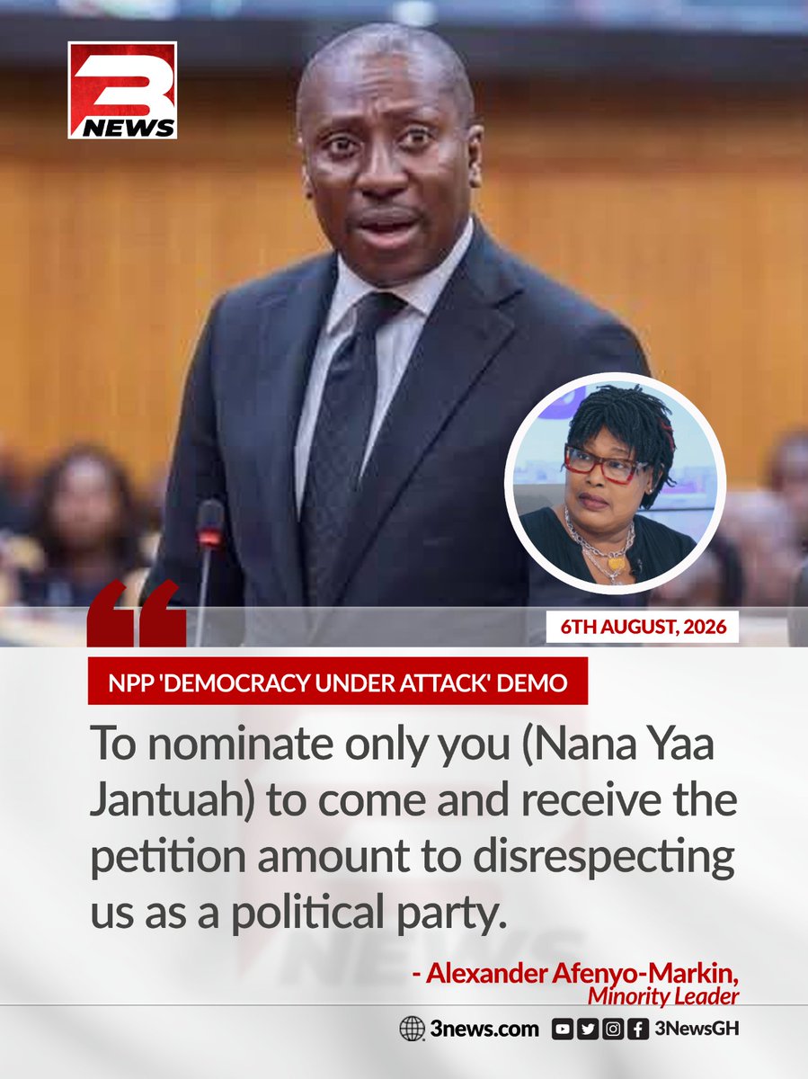 tv3_ghana's tweet photo. Minority Leader Alexander Afenyo-Markin has said the government's decision to assign only Presidential Staffer Nana Yaa Jantuah to receive the NPP's petition during the "Democracy Under Attack" demonstration was disrespectful to the party. 

He argued that the NPP had sent its key leadership as a sign of respect, and the government's response did not reflect the seriousness of their concerns.

#3NewsGH #TV3GH