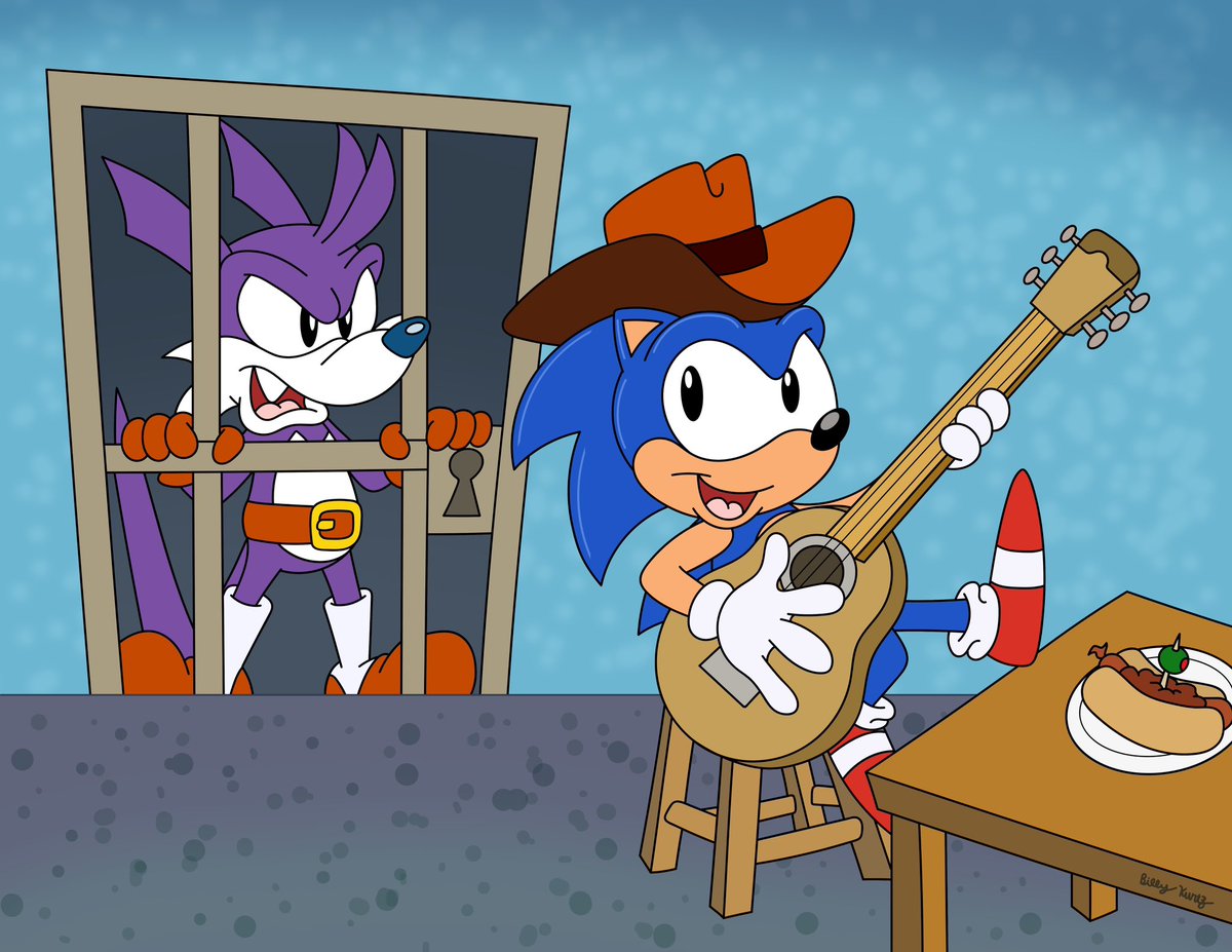 SlySonic's tweet photo. The Good, the Bad , and the Totally Rad!
Starring Sonic as the sheriff and Fang as the outlaw.
#SonicTheHedgehog #AoStH https://t.co/ScdWumKaC8