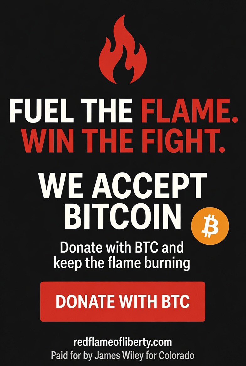 redflameliberty's tweet photo. Fuel the Flame. Win the Fight.
We accept Bitcoin.
If you prefer to fuel the campaign with BTC, you can.
Every satoshi helps keep the pressure on and the ground game moving.
Donate with Bitcoin → https://t.co/UdMq3moIsO
#FuelTheFlame #Bitcoin #WileyForSOS https://t.co/QpnOiRBLoB
