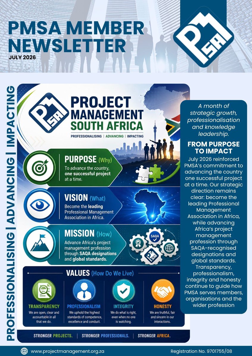 ProjectManageSA's tweet photo. 📘 The July 2026 PMSA Member Newsletter is now available!

Discover the latest member news, Corporate &amp; Professional Membership opportunities and more.

🌐 https://t.co/h8Zrj8qacQ

#PMSA #ProjectManagement #ProfessionalDevelopment #CPD #Leadership https://t.co/YGxab0hSEl