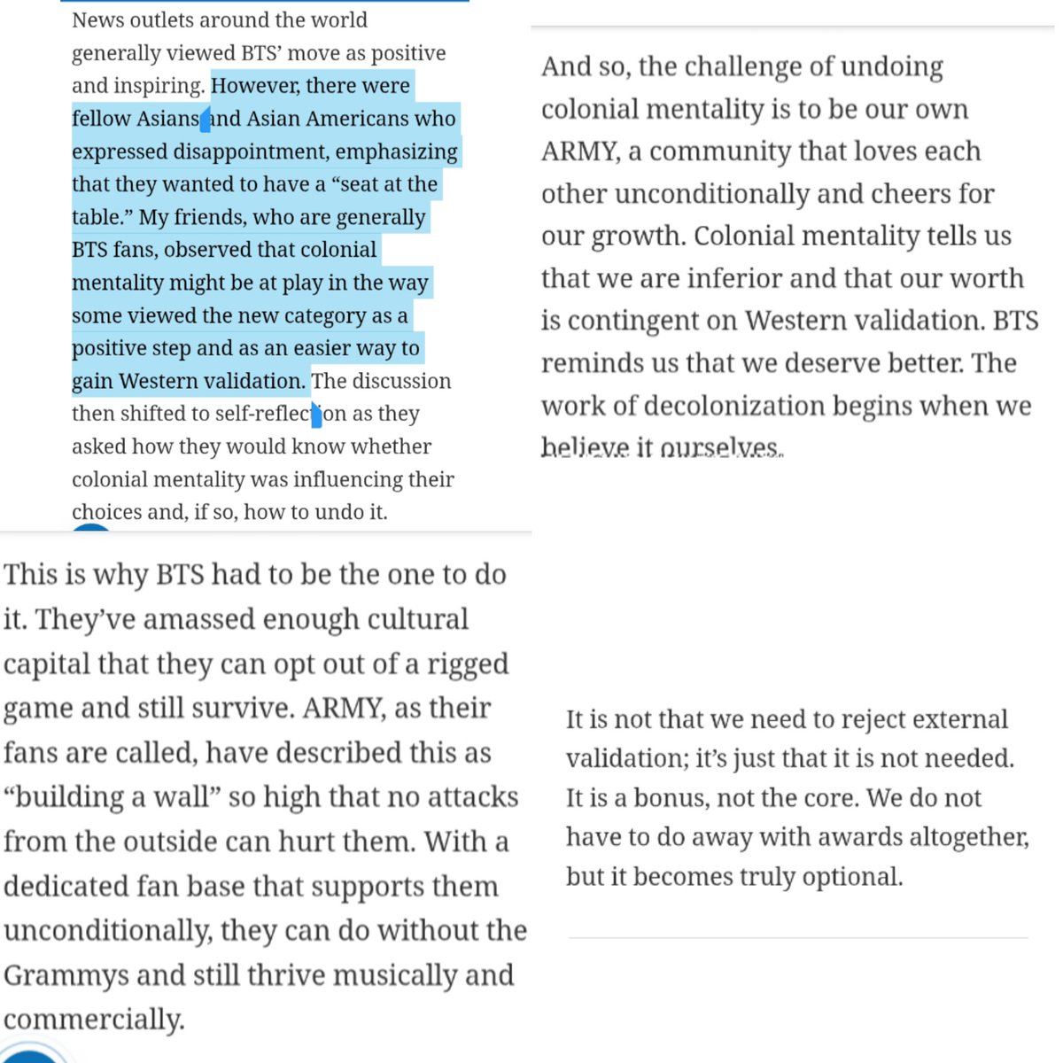 sleepinginsilk's tweet photo. “BTS’ decision to not submit to the Grammys signaled their next stage of growth. They demonstrated self-validation by being sure of their worth—and the worth of Asian artists—and no longer needing the validation of a Western award to prove that they’re good enough.” https://t.co/afyLb4jWJH