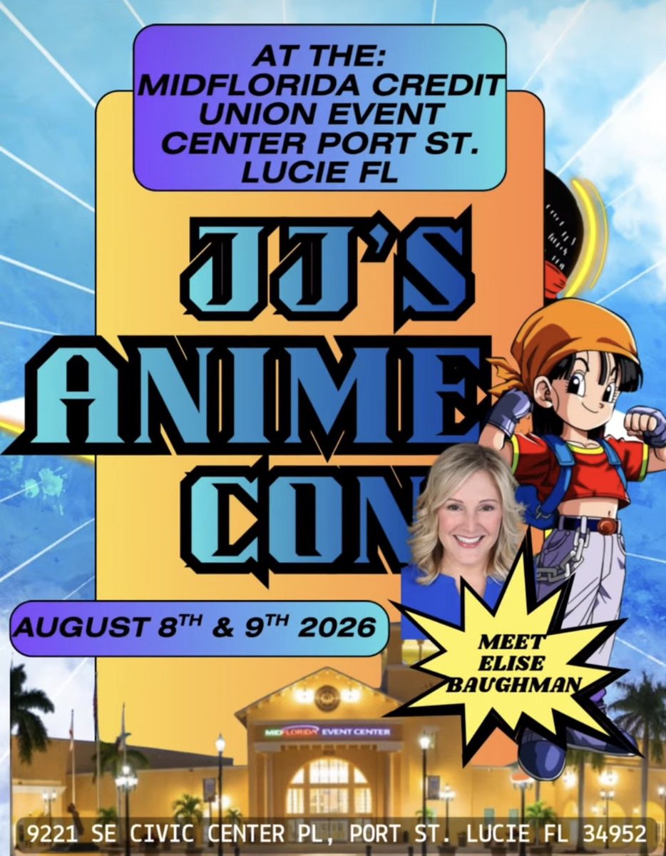 EliseBaughman's tweet photo. THIS SAT &amp; SUN, Aug 8–9, I'll be at JJ’s Anime Con in Port St. Lucie, FL! Join me! ☀️🌴

📅 Aug 8: 10AM-6PM
📅 Aug 9: 10AM-6PM
📍 MidFlorida Credit Union Event Center
9221 SE Civic Center Pl
Port St. Lucie, FL

Can't wait! ❤️

#JJsAnimeCon #DBGTPan #SparkingZero https://t.co/C3KAQlmyhD