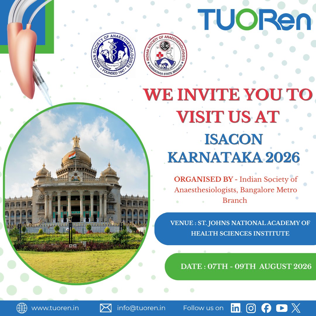TuorenI's tweet photo. We're excited to be at ISACON Karnataka 2026! 
📅 07-09 August 2026 
📷 Bengaluru 
Visit the Tuoren team and discover our latest innovations in anaesthesia and airway management. 
#ISACON2026 #TUORen #Anaesthesia #AirwayManagement #MedicalDevices #HealthcareInnovation #Bengaluru https://t.co/a0X46AqTaV