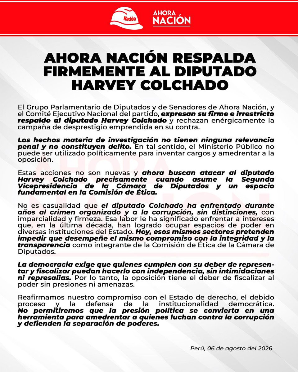 BancadaAN's tweet photo. #AhoraNación respalda firmemente al diputado Harvey Colchado https://t.co/IoXoXkxWnU