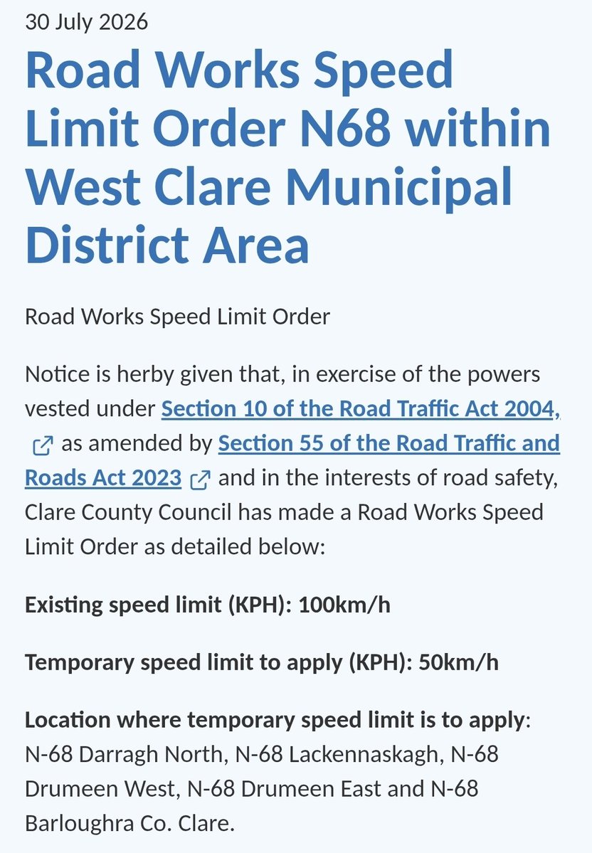 AontuClare's tweet photo. Road works are being carried out in the area of Daragh on the N68. Be prepared for delays as part of the traffic management system. I've waited 15 to 20 mins each day, at approx 5pm travelling west from Ennis. https://t.co/uUYdvTGgnQ