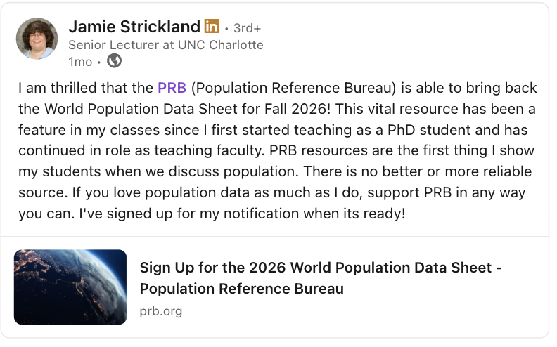 PRBdata's tweet photo. Kinda ✨chic✨ to be excited about the World Population Data Sheet.

Kinda ✨chic✨ to sign up for your notification before it even drops.

Be ✨chic✨ like Prof. Strickland. Get on the list: https://t.co/TKy54R16s1 https://t.co/fUNazNTVet