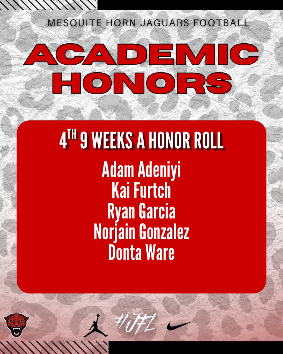 HornJagsRecruit's tweet photo. Before the 2026–2027 school year begins, we're recognizing our Jaguars who earned 2nd Semesterand 4th Nine Weeks Academic Honors during the 2025–2026 school year.

Excellence starts in the classroom. Congrats to all of our A &amp; A/B Honor Roll student-athletes!

#JFL 🔴⚫️🐆 https://t.co/jlT5Vj4hYF