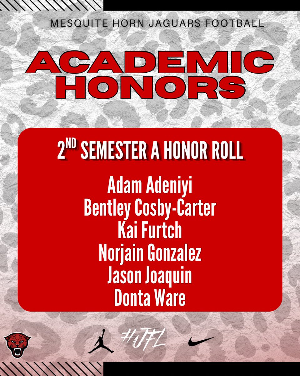 HornJagsRecruit's tweet photo. Before the 2026–2027 school year begins, we're recognizing our Jaguars who earned 2nd Semesterand 4th Nine Weeks Academic Honors during the 2025–2026 school year.

Excellence starts in the classroom. Congrats to all of our A &amp; A/B Honor Roll student-athletes!

#JFL 🔴⚫️🐆 https://t.co/jlT5Vj4hYF