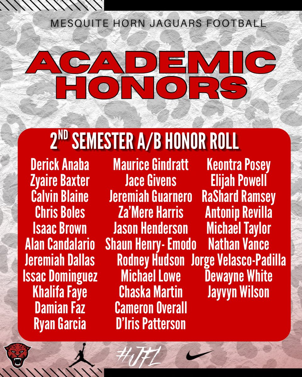 HornJagsRecruit's tweet photo. Before the 2026–2027 school year begins, we're recognizing our Jaguars who earned 2nd Semesterand 4th Nine Weeks Academic Honors during the 2025–2026 school year.

Excellence starts in the classroom. Congrats to all of our A &amp; A/B Honor Roll student-athletes!

#JFL 🔴⚫️🐆 https://t.co/jlT5Vj4hYF