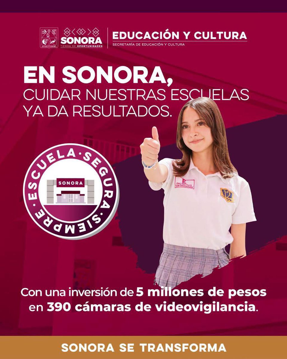 SECSonora's tweet photo. ¡Acciones que dan resultados!📹🏫
 
En #Sonora, la tranquilidad de nuestras comunidades educativas es una prioridad que se respalda con hechos.

¡Cuidar este patrimonio es una tarea de todas y todos! 🤝
 
#EscuelaSeguraSiempre #EscuelaSeguraSonora https://t.co/omELPMQLON