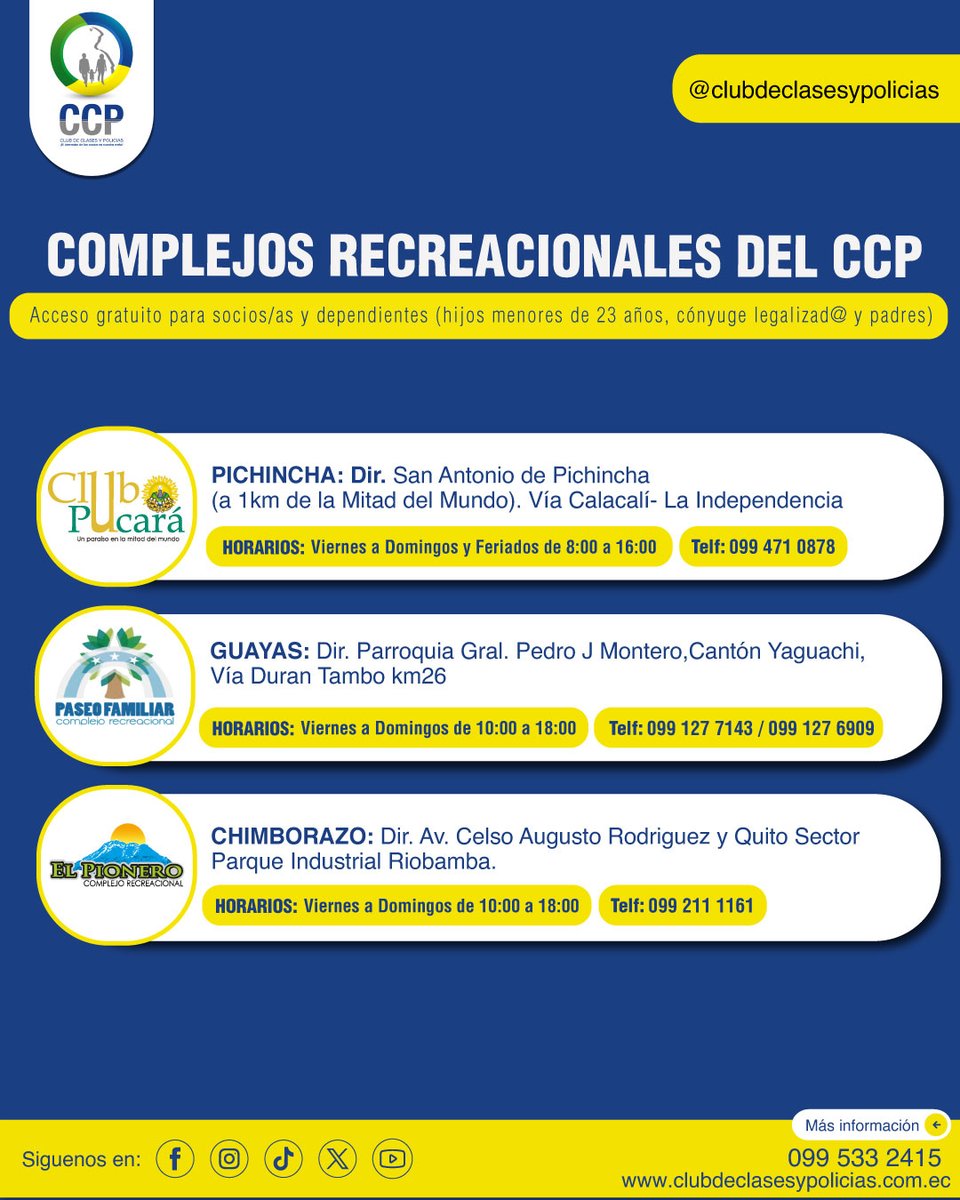 CCPEcuador1's tweet photo. 🌴☀️ Como socio del CCP disfruta del acceso gratuito a nuestros complejos recreacionales junto a tu cónyuge, hijos menores de 23 años y padres. Consulta direcciones, horarios y contactos en las imágenes. Requisitos: carnet CCP y aportes al día. 📲0995332415 #CCP #PolicíaEcuador https://t.co/3wergoUQKe