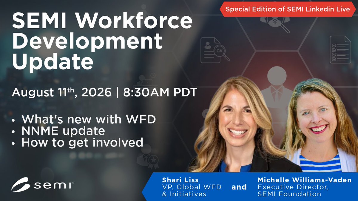SEMIconex's tweet photo. Building the workforce that’s required for the future of the semiconductor industry requires collaboration between industry, academia and government. Workforce development initiatives, industry partnerships, and educational workshops are needed to strengthen talent pipelines and connect more people to opportunities across the ecosystem.  

Next week on LinkedIn Live, we’ll be joined by Shari Liss, SEMI Vice President of Global Workforce Development and Initiatives, and Michelle Williams-Vaden, SEMI Foundation Executive Director, to discuss the latest workforce development initiatives shaping the industry’s future. 

Join us live at 8:30 a.m. PDT on August 11 to hear updates on industry partnerships, the National Network for Microelectronics Education (NNME), and opportunities to help develop the next generation of semiconductor talent: https://t.co/HaZDSyTTX0 

#SEMI #SEMIFoundation #NNME #WorkforceDevelopment #LinkedInLive #Semiconductors