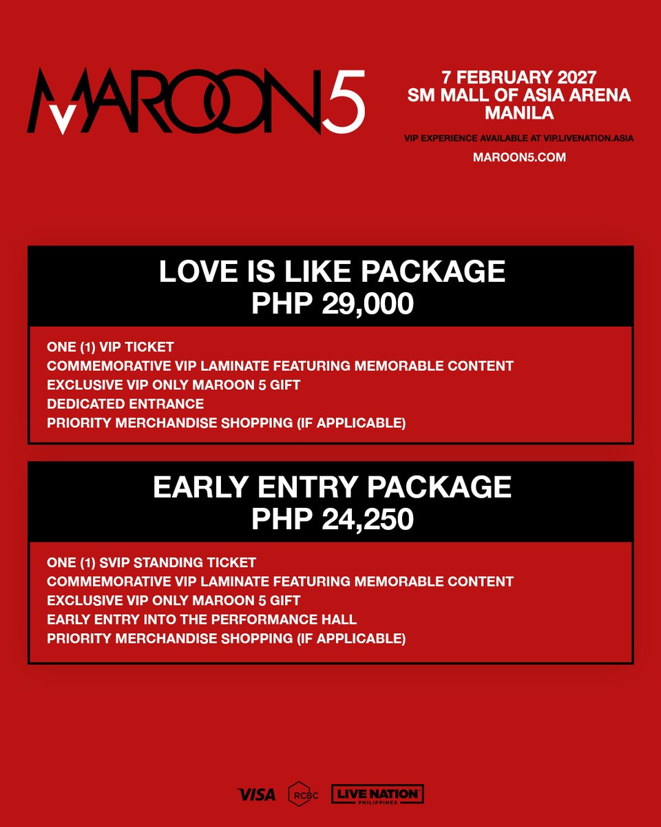 hitineassists's tweet photo. 🎟 Maroon 5 Asia 2027 Tour in Manila | Ticketing Assistance / Pasabuy / Pasabay / Pabili

SECURE YOUR SLOT HERE:
🔗https://t.co/0LfGL65OMV

TICKETING SCHEDULE
🗓Artist Presale: August 12, 12 PM PHT
🗓RCBC Visa Infinite Presale: August 13, 10 AM PHT
🗓RCBC Credit Card Presale: August 13, 9 PM PHT
🗓LN Presale: August 14, 12 PM PHT
🗓General Onsale: August 15, 12 PM PHT

✅ Limited slots
🧾 #thankstine | #tinesecured
✨ 3,000+ tickets secured

Disclaimer: Service only. We do not sell tickets.

#Maroon5inManila
#tineassists