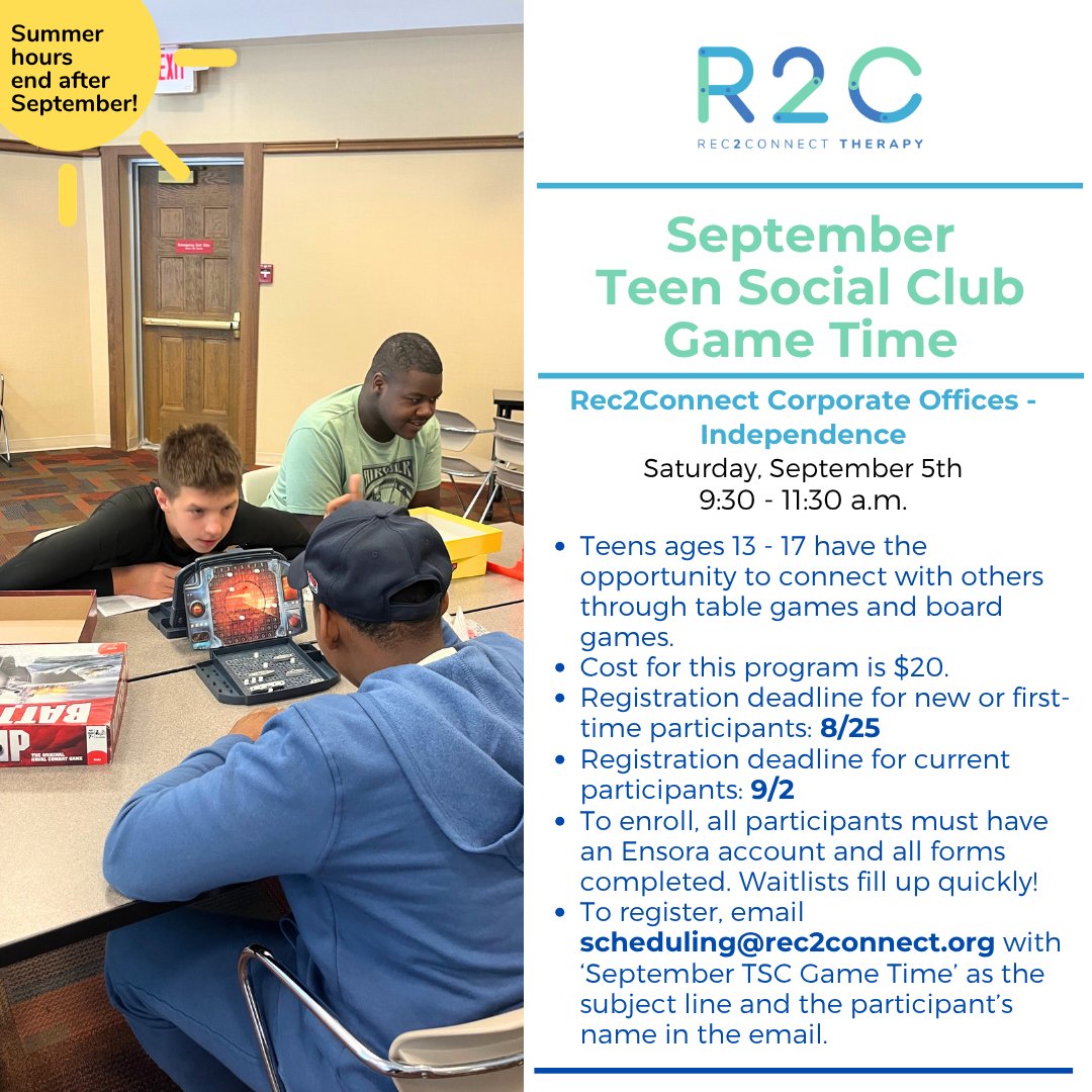 R2CFoundation's tweet photo. It's always a good time when you join us for our Teen and Adult Social Club Game Times! ππ
Join us on 9/5 for our Teen Social Club Game Time and Adult Social Club Game Time!
Register today by emailing scheduling@rec2connect.org. π§
#Rec2Connect #IncludedAlways https://t.co/E5XAgZDydB