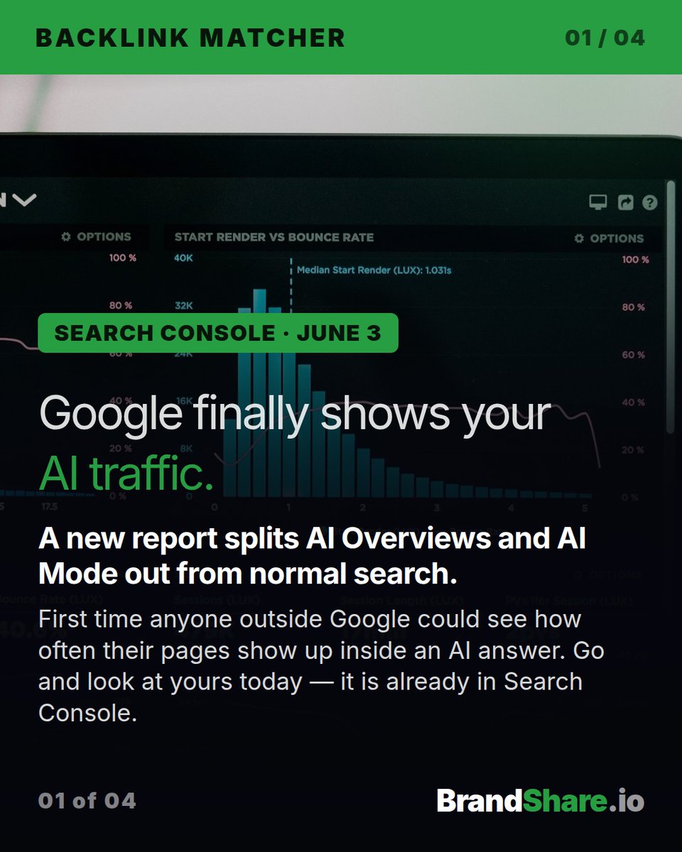 brandshareio's tweet photo. Google finally shows your AI traffic.

Search Console added a Generative AI report on June 3 — impressions inside AI Overviews and AI Mode.

No clicks. No CTR. No query data. Nothing before May 18.

Which tells you plenty 🧵 https://t.co/CSbnkUBiNS