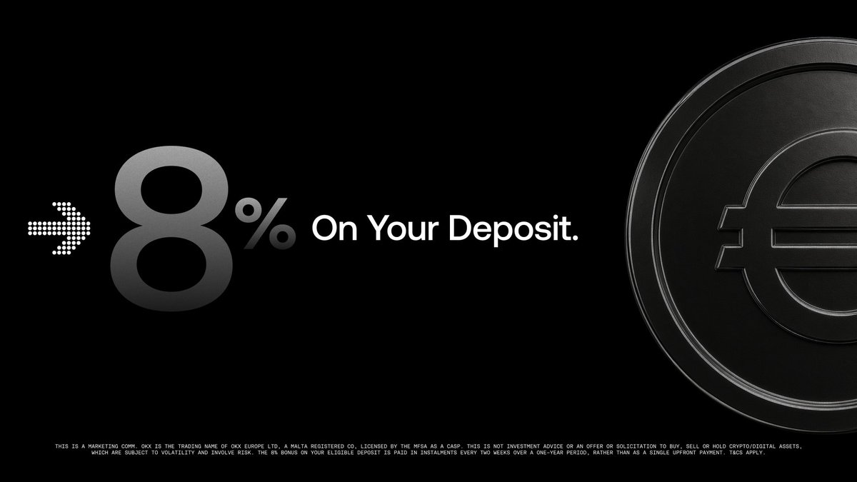 ero_crypto's tweet photo. OKX trending 💥

Crypto gang, this is the hottest offer in the market right now🔥

💸 BONUS SETUP

Three steps. That's it:

✅ Sign up 
✅ Deposit €10+
✅ Earn 8% on net deposits, up to €5,000

The best part?  Getting paid every 2 weeks for the next 12 months. No trading required to qualify.

Available in participating countries only. Terms & Conditions apply.

📈€10 in. Up to €5,000 out. That's the kind of math we like.

Crypto gang, this is the kind of offer you can't reject. 

@OKX serves 120M users globally and is one of the world's largest crypto exchanges. Now they're giving another reason to pay attention.