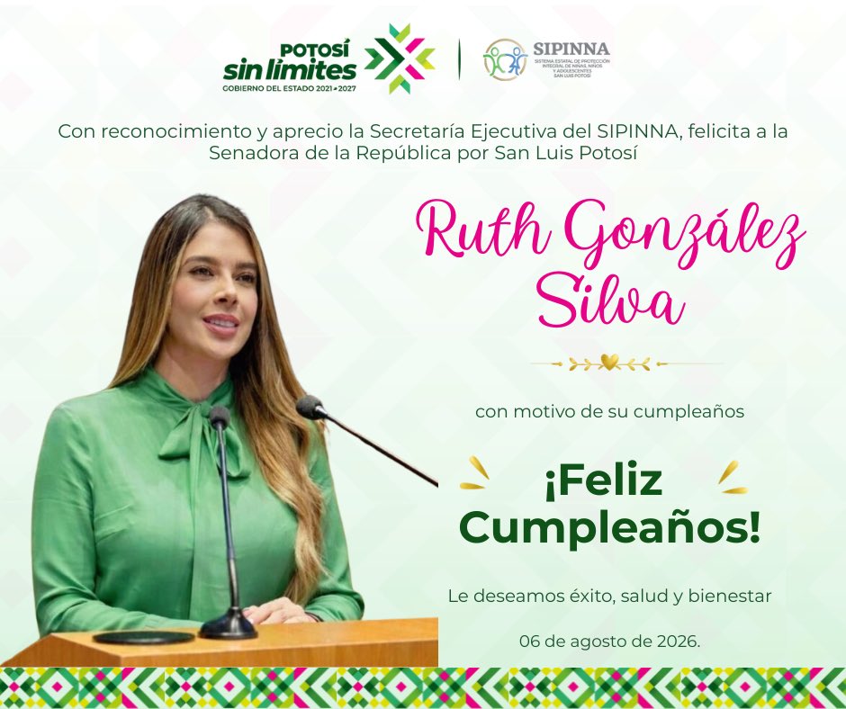 SipinnaSlp's tweet photo. La Secretaría Ejecutiva del #SIPINNASLP, a través de su titular, Claudia Marisol Navarro Moreira, extiende una cordial felicitación a la Senadora de la República por San Luis Potosí, Ruth González Silva, con motivo de su cumpleaños. https://t.co/9Afbp39MWg