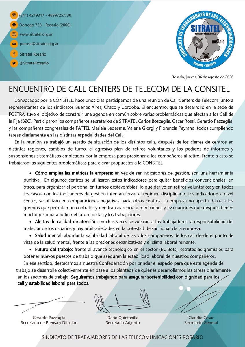 SITRATELRosario's tweet photo. Remitimos el comunicado sobre la reuinión de Calls de CONSITEL https://t.co/MIHO9VZDV4