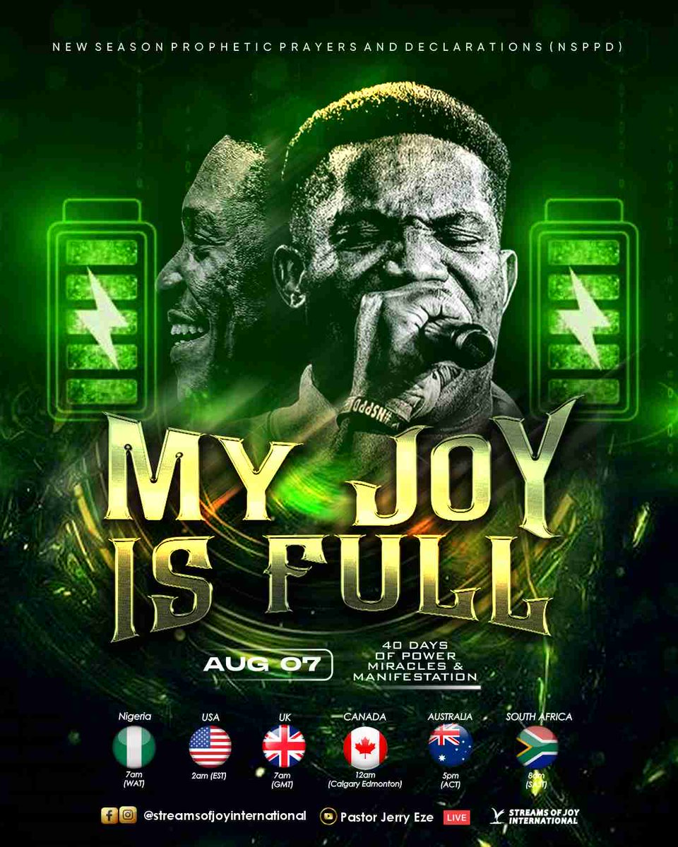 RealJerryEze's tweet photo. 🥳🥳AFTER DIVINE SETTLEMENT
🥳🥳COMES JOY, FULL JOY, UNENDING JOY
🥳🥳WHERE ELSE WOULD YOU BE?
🥳🥳THIS IS YOUR APPOINTMENT FOR A MAKEOVER 
🥳🥳GATHER ALL YOUR LOVED ONES
🥳🥳FULL JOY IS ABOUT TO BURST OUT!

MY JOY IS FULL
🎈DAY26 OF 40DAYS OF POWER, MIRACLES AND MANIFESTATION

Hitherto have ye asked nothing in my Name: ask, and ye shall receive, THAT YOUR JOY MAY BE FULL. (John.16:24)

📖🔖BIBLE STUDY○○○
Genesis.21, 1Samuel.2, Luke.1, John.15, John.16, John.5

🥳🥳PREPARE FOR○○○
🎈Operation Let The Fire Fall
🎈Operation Perfect All That Is Left 
🎈Operation Arise & Take Over
🎈Operation Loaded With Benefits 
🎈Operation Fallow Grounds Are Broken 
🎈Operation No More Delay 
🎈Operation And The Lord Said Yes
🎈Operation Step Into A New Season 
🎈Operation The Manifestation Has Started 

🥳🥳PROPHETIC INSTRUCTIONS○○○
📝Bring the list of your 40 prayer requests with you to the altar of fire
📧Send a list of your 40 prayer requests to the email address: birthdayprayerrequests@streamsofjoy.org
📞You can not afford to be alone in this season. 
🧑‍🧑‍🧒‍🧒Bring your friends and family along. Share the prayers.
📺Watch LIVE On All Our Social Media Platforms. 7am Nigerian time

Declare With Me: MY JOY IS FULL!! GLORY! FIRE! POWER!

#NSPPD
#7amfireprayers
