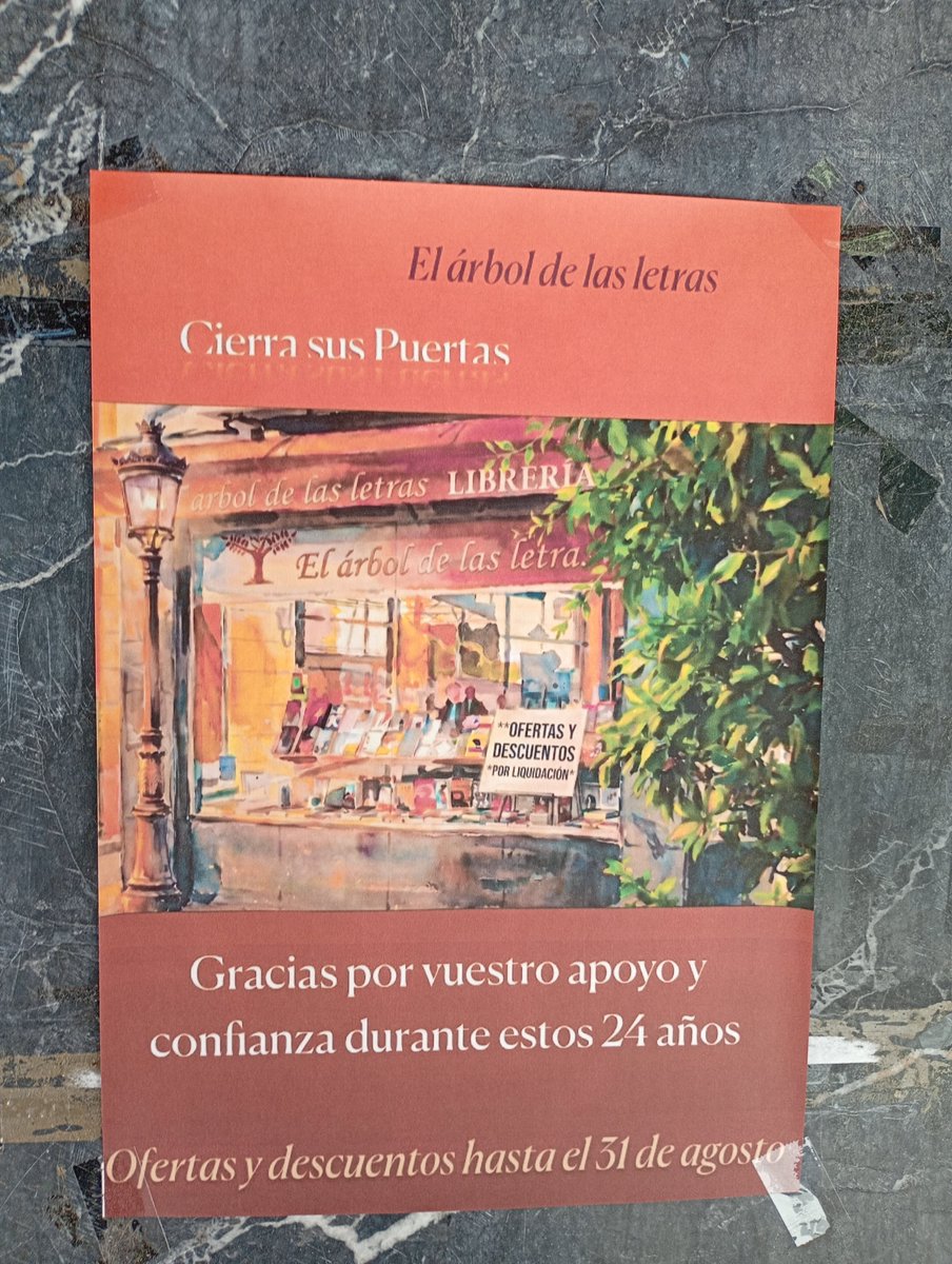 ETGafapasta's tweet photo. Otra #librería que cierra en #Valladolid...

EL ÁRBOL DE LAS LETRAS
Cierra sus puertas 
Gracias por vuestro apoyo y confianza durante estos 24 años
ofertas y descuentos hasta el 31 de agosto de 2026

👇🏿👇🏿👇🏿📚📚📚🤑🤑🤑👇🏿👇🏿👇🏿 https://t.co/7ka9IreaZN