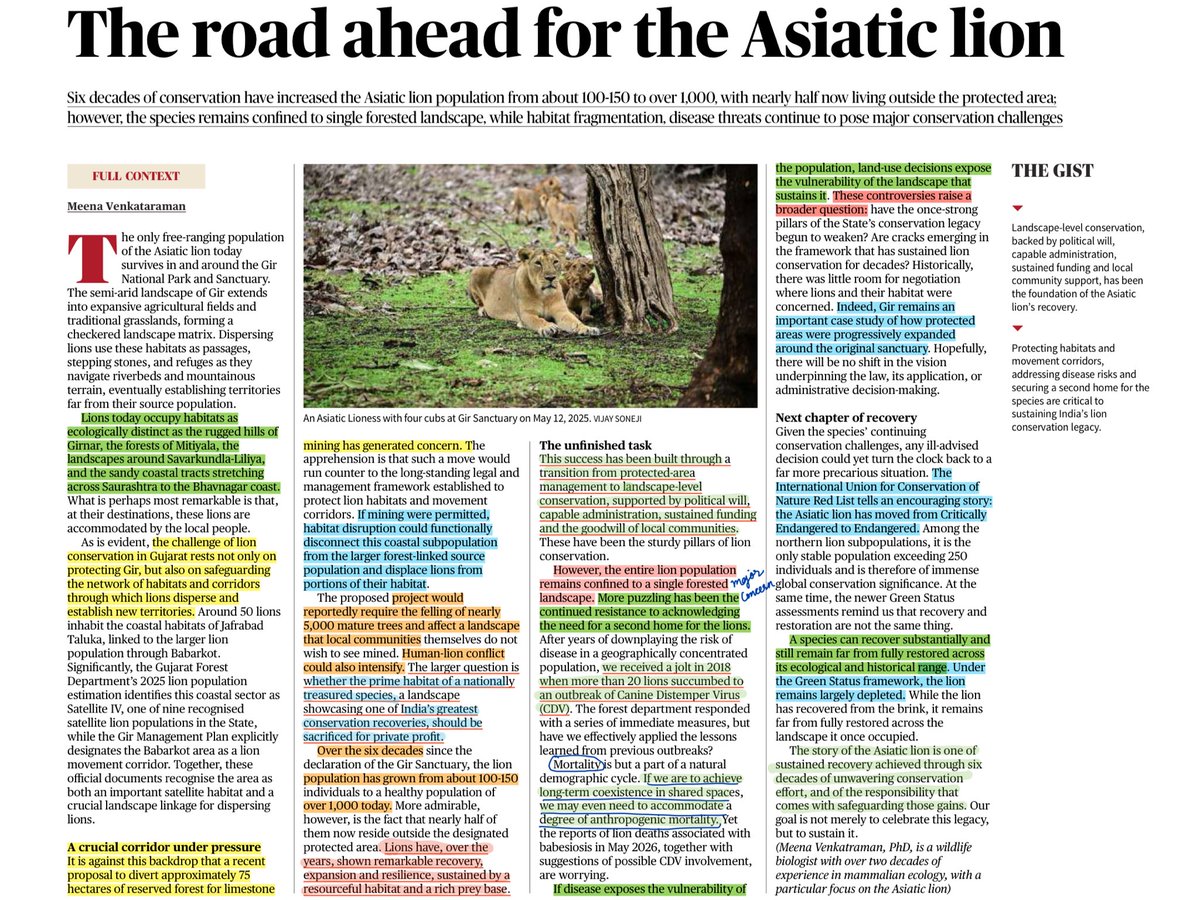 SlipCordonGS's tweet photo. Asiatic Lion : Core Challenges

Single Landscape Population, absence of a Second Home
Habitat Fragmentation
Disease Outbreak Risk (CDV)
Human–Lion Conflict
Mining &amp; Infrastructure Pressure
Wildlife Corridor Fragmentation
Forest Diversion &amp; Tree Felling
Genetic Bottleneck

#upsc https://t.co/68Zvt6rcYa