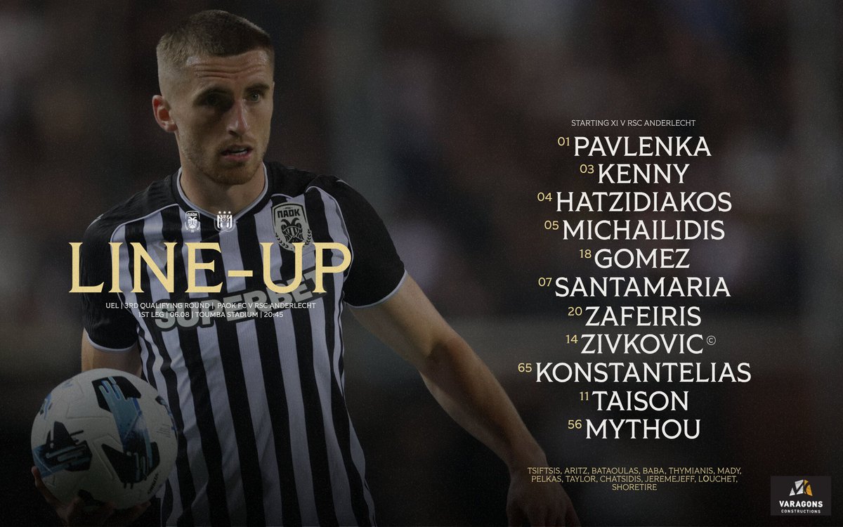 PAOK_FC's tweet photo. #Starting11 Η αρχική 11άδα της ομάδας μας για την πρώτη αναμέτρηση κόντρα στην Άντερλεχτ στο γήπεδο της Τούμπας. 

#PAOKAND #UEL #NewEra #PamePAOKARA #VaragonsConstructions https://t.co/XPRMF85Qct