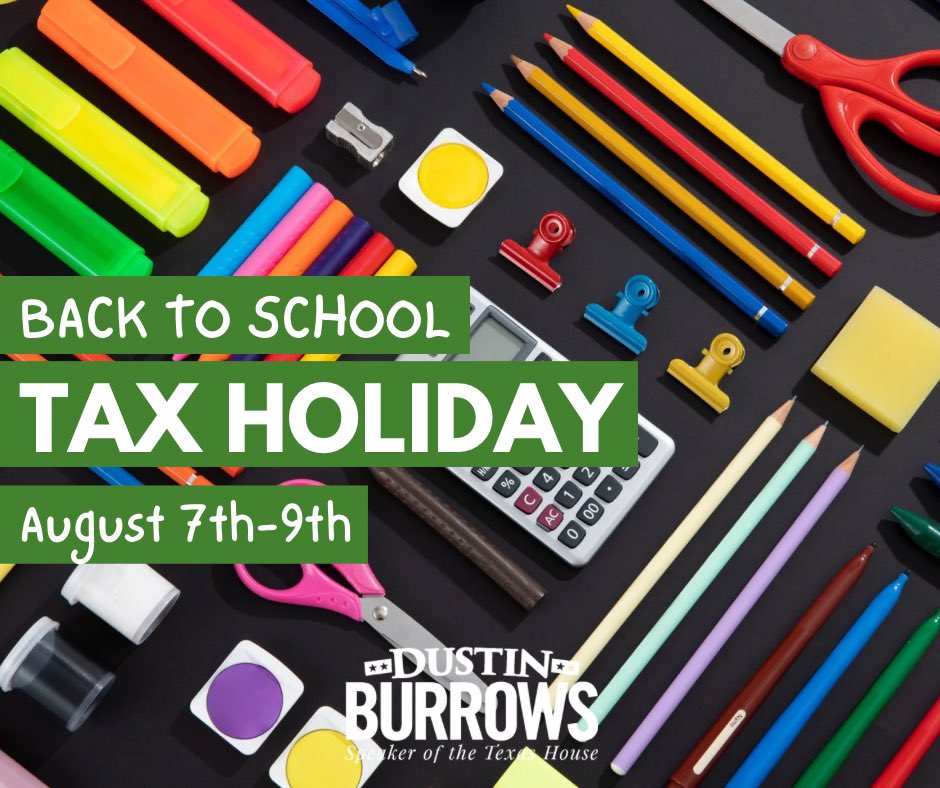 Burrows4TX's tweet photo. As families across Texas prepare for a new school year, don’t forget that this weekend is Texas’ Back-to-School Sales Tax Holiday.

Helping Texans keep more of their hard-earned money is a priority, and this tax holiday is one way we’re providing relief as parents check off those back-to-school shopping lists.

As you’re out this weekend, I also encourage you to support the local businesses that strengthen our communities and drive our state’s economy.

Best wishes to every student, teacher, and family for a successful school year ahead!