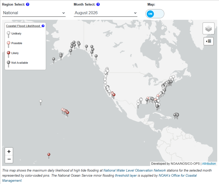 noaaocean's tweet photo. High tide flooding is possible in Southern California, Hawaii, and American Samoa on and around the new moon on the 12th. See the daily likelihood of high tide flooding in your area: https://t.co/Uy38uUy5mi https://t.co/xRb0CyCPnS