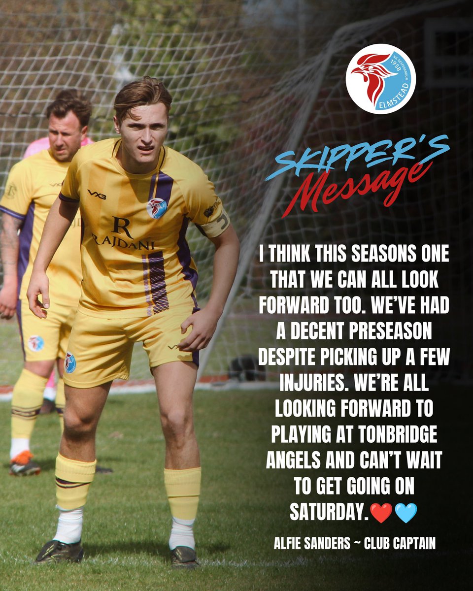 FElmstead's tweet photo. SKIPPER’S MESSAGE 💬
Our Club Captain, Alfie Sanders looks ahead to Saturday’s opening fixture at our new home and shares his thoughts as we prepare to kick off the 2026/27 season. 🩵❤️
The wait is almost over. ⏱️
#upthecocks | #fcelmstead https://t.co/pWpUQu6xtu
