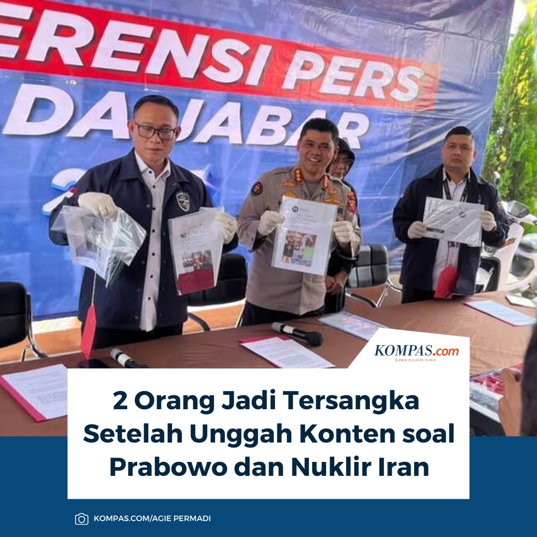 kompascom's tweet photo. Dua orang berinisial AYP (49) dan AF (40) ditetapkan sebagai tersangka setelah membuat unggahan di Threads terkait pernyataan Presiden Prabowo Subianto soal program senjata nuklir Iran.

AYP mengunggah konten tersebut pada 3 Agustus 2026, yang kemudian dikomentari oleh AF.

Kasus ini dilaporkan pada 4 Agustus 2026 oleh FSS dengan nomor LP B 1498/VIII/2026. Kemudian, laporan ditindaklanjuti dengan penyidikan oleh Direktorat Reserse Siber Polda Jabar pada 5 Agustus 2026.

"Dengan adanya unggahan tersebut, pelapor merasa dirugikan dan menilai postingan tersebut mengancam keutuhan bangsa dan negara, sehingga berpotensi ciptakan kegaduhan," ujar Kabid Humas Polda Jabar Kombes Pol Hendra Rochmawan, Kamis (6/8/2026).

Wakil Direktur Reserse Siber Polda Jabar AKBP Mujianto mengatakan, AYP dan AF dijerat sejumlah pasal dalam UU ITE dan KUHP dengan ancaman pidana penjara paling lama 4 tahun dan denda paling banyak Rp200 juta.

Sumber: YouTube/Bid Humas Polda Jabar

~R #Iran #Prabowo #Hukum