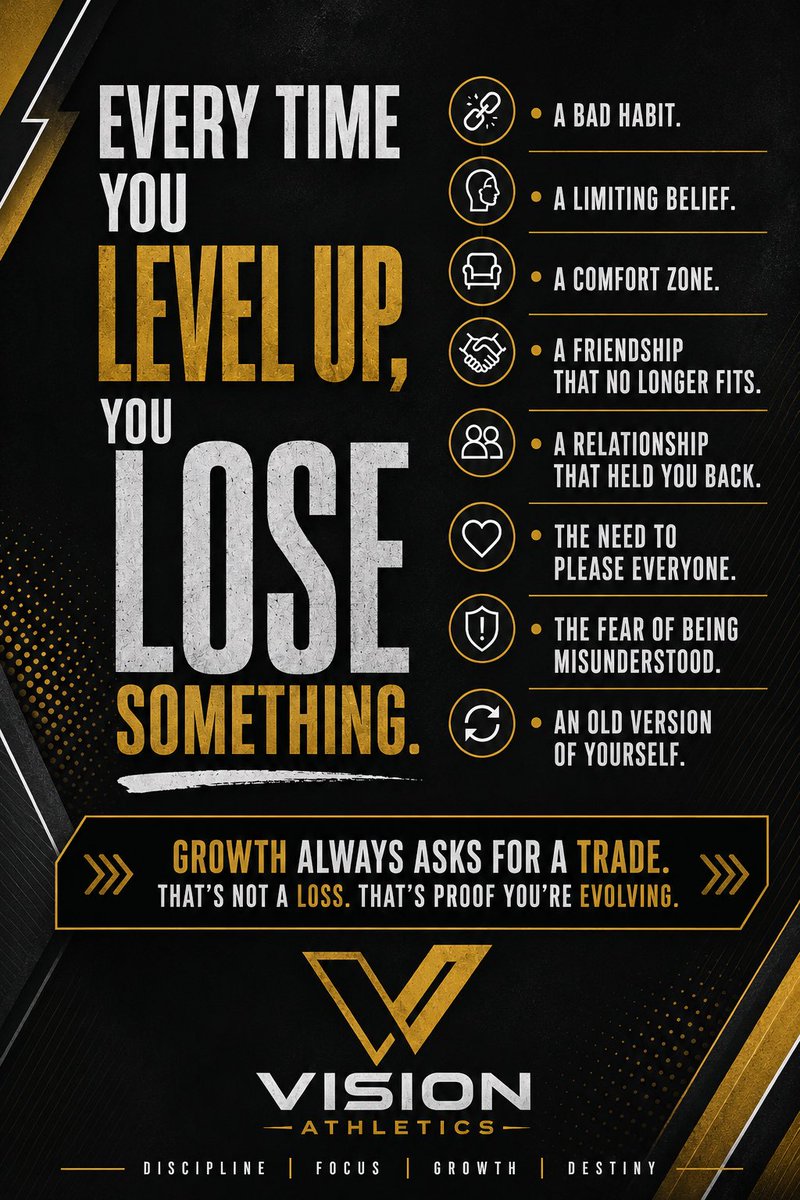 VisionAthletic2's tweet photo. LeadU | #ThinkThursday
Growth requires letting go.
Every new level demands a trade.
Sometimes it’s a bad habit. Sometimes it’s a limiting belief. Sometimes it’s the comfort of staying the same.
Don’t confuse change with loss. Growth demands change.
📈 #growthmindset #leadU https://t.co/stOULXJ8eM