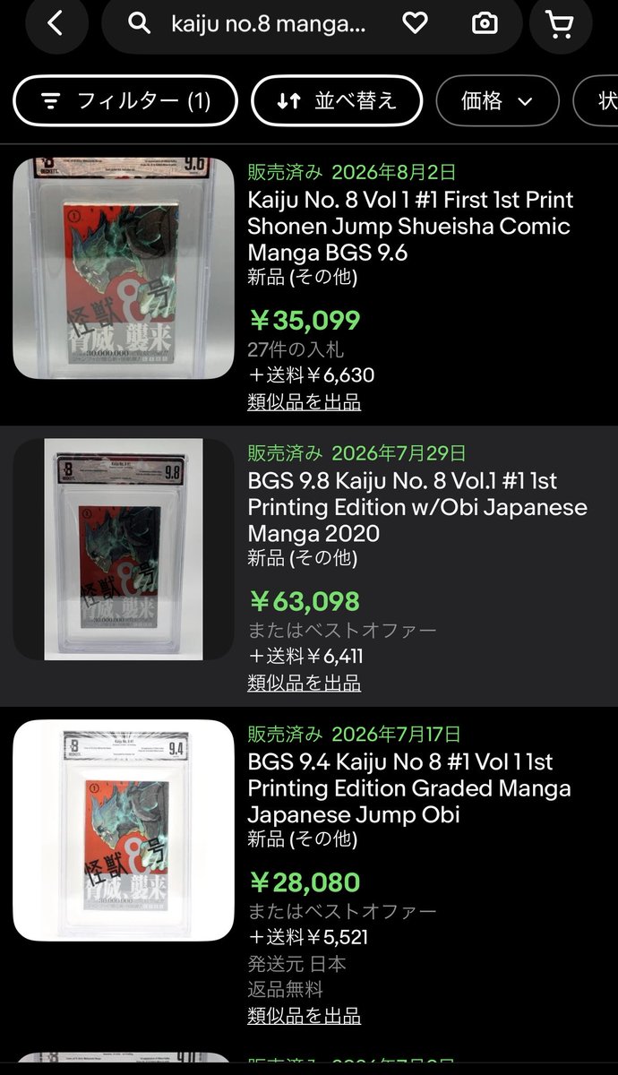 PSABGSo512's tweet photo. 怪獣8号
BGS9.8で63098円で売れてます🔥🔥🔥
9.6でも35099円！

10冊もってました😆
さらにネットで購入したものも5冊届く予定！

購入金額は1冊1000円未満なので
利益大ですね！！

まだまだ本屋にもネットにも
宝の山眠ってますよー！

見つけたら即購入！！！

鑑定に出すのが楽しみです！ https://t.co/vi3HDpUCiW