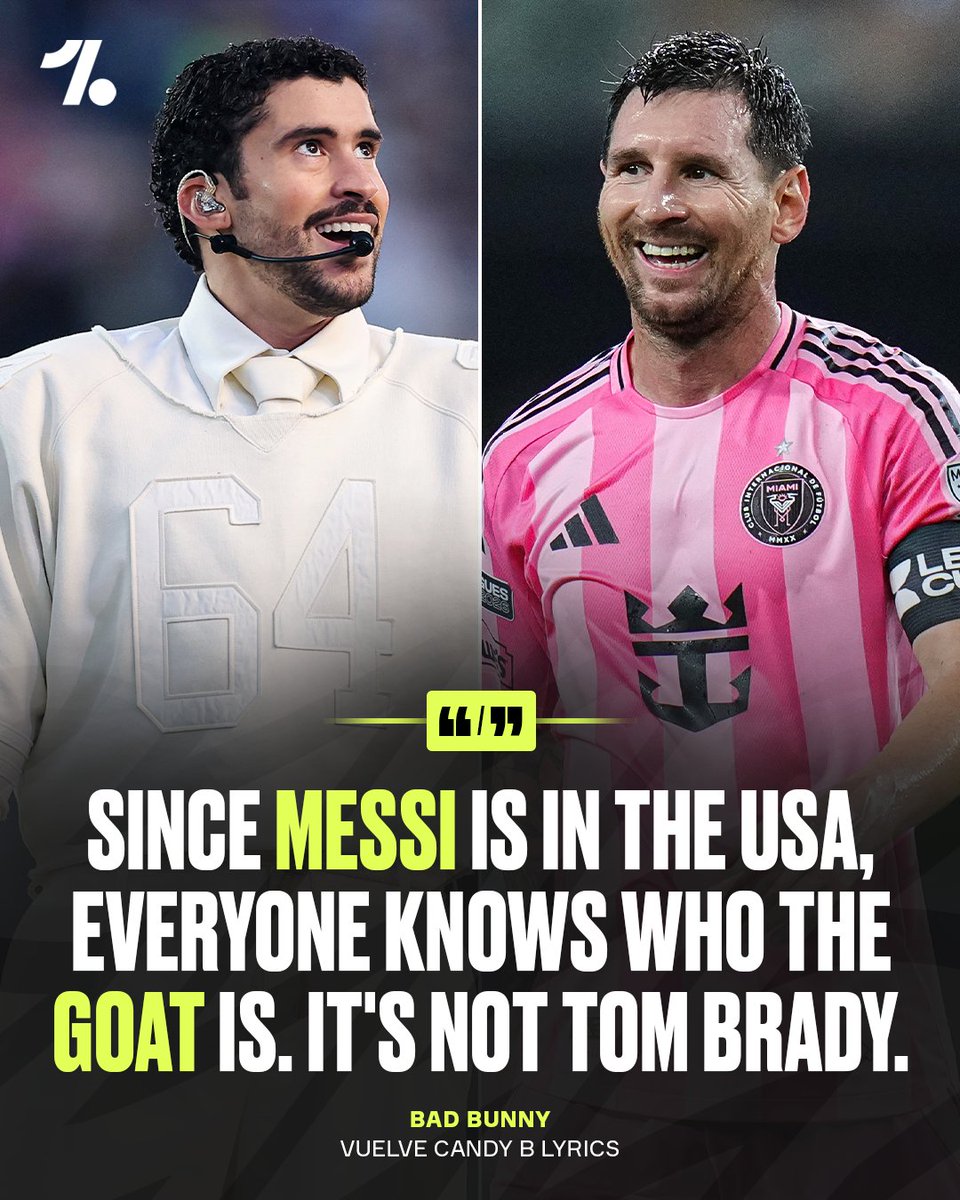 OneFootball's tweet photo. In the lyrics for VUELVE CANDY B, Puerto Rican singer Bad Bunny said Tom Brady is no longer the GOAT after Lionel Messi arrived in the USA 😏🐐 https://t.co/z14VVAjikv