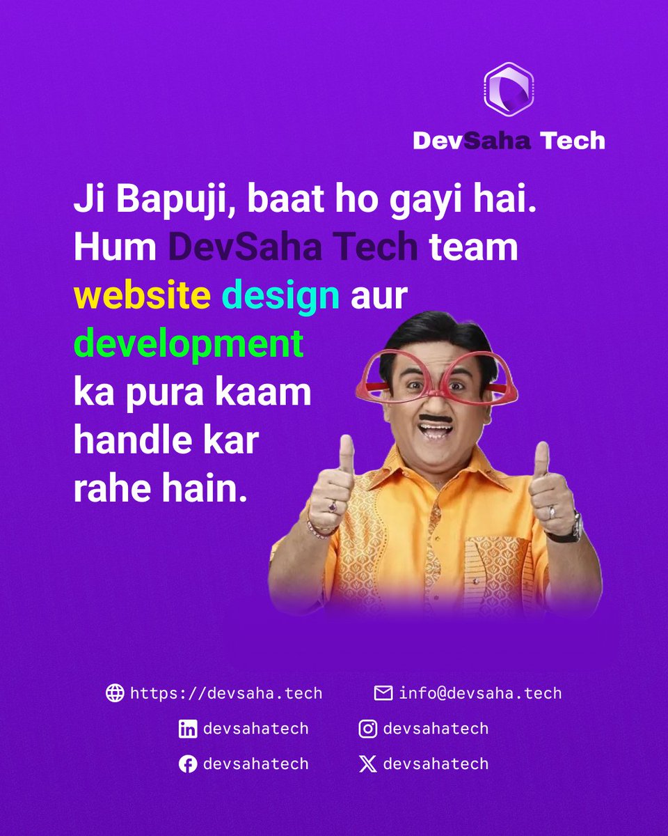 devsahatech's tweet photo. "Ji Bapuji, baat ho gayi hai!" 👓👍

From design to development, DevSaha Tech handles all your web &amp; tech needs end-to-end.

No stress, just high-converting digital solutions for your business!

🌐 https://t.co/VcrgU5AteL
📧 info@devsaha.tech

#DevSahaTech #WebDevelopment https://t.co/z3RwiZtptA