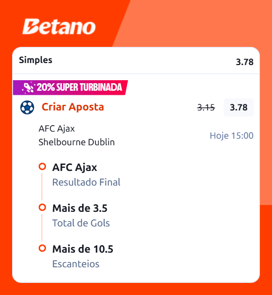 Betano_BR's tweet photo. AJAX x SHELBOURNE DUBLIN
👉 Resultado Final: Ajax & Total de Gols: Mais de 3.5 & Escanteios: Mais de 10.5
📲 https://t.co/oGsLFkxeAt
#Confia #Betano https://t.co/tI8Ag0a9Ml