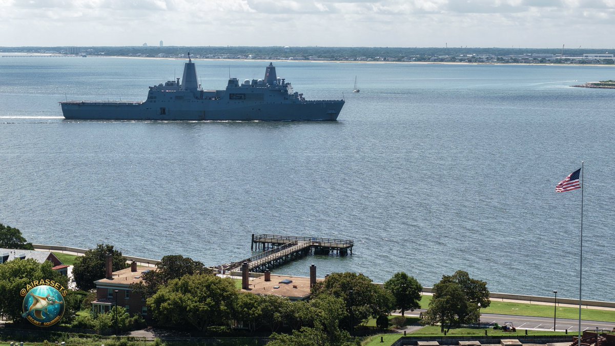 AirAssets's tweet photo. 11:00 EST 6 August 2026 the USS Mesa Verde (Green Table) LPD19 a San Antonio class amphibious assault ship returning to Norfolk from sea trials after spending 2 years of maintenance work in the shipyard. Welcome back crew and congrats on getting your ship back ! Hooyahh

#LPD19 #USSMesaVerde #USNavy #FleetForces #NAVSTA #NOB #NavalStationNorfolk