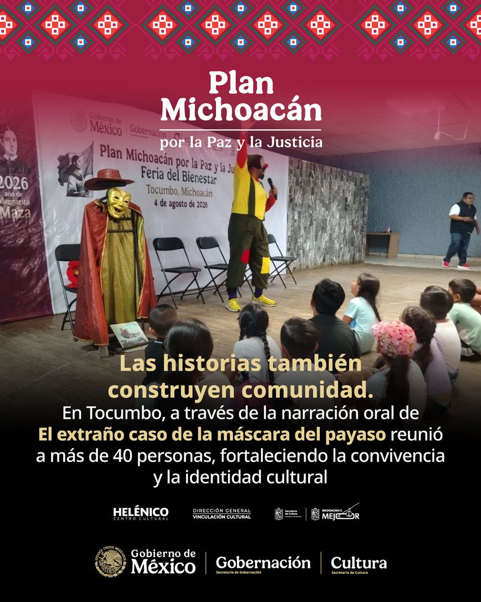 planmichoacan25's tweet photo. La #Cultura también construye comunidad. 📚✨
En #Tocumbo, Michoacán, José Juan Suárez Nateras presentó "El extraño caso de la máscara del payaso" durante las Ferias de Paz 2026. 🎭
#PlanMichoacán #BuzónDeHistorias #Michoacán #NarraciónOral
@cultura_mx @SCultura_Mich @Helenico https://t.co/GY727ROJ4C