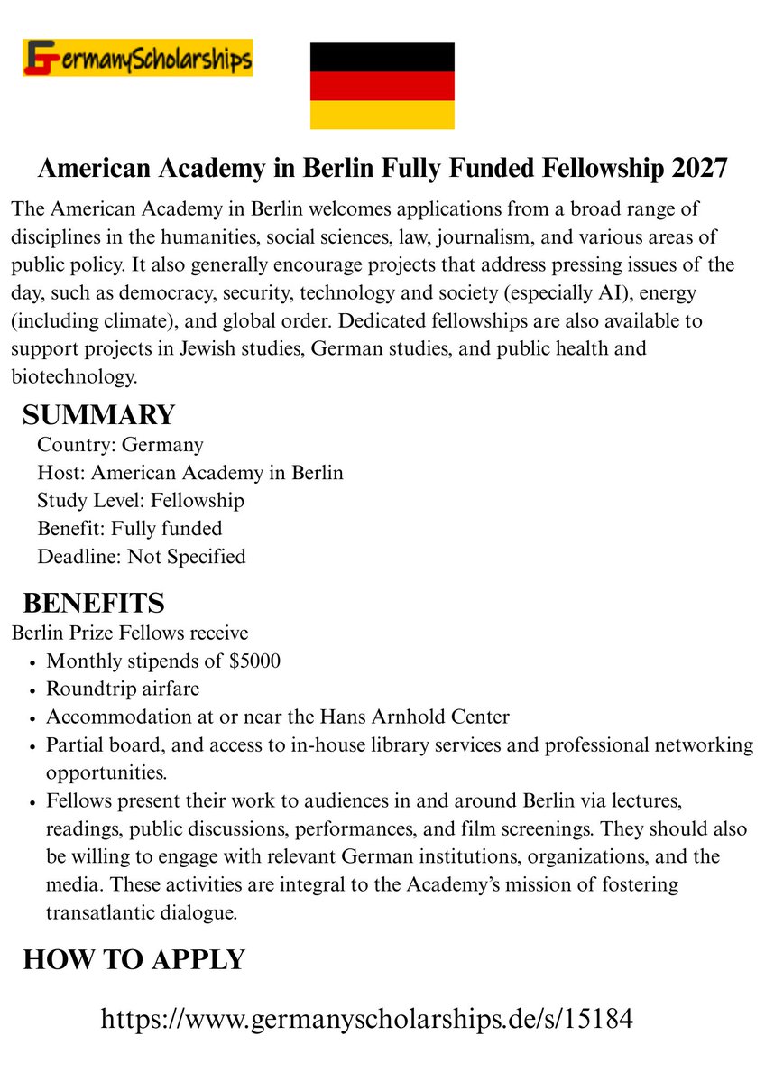 germanyscholars's tweet photo. American Academy in Berlin Fully Funded Fellowship 2027
#StudyInGermany #GermanyFellowships #FullyFunded https://t.co/cJ4hzsJaKZ