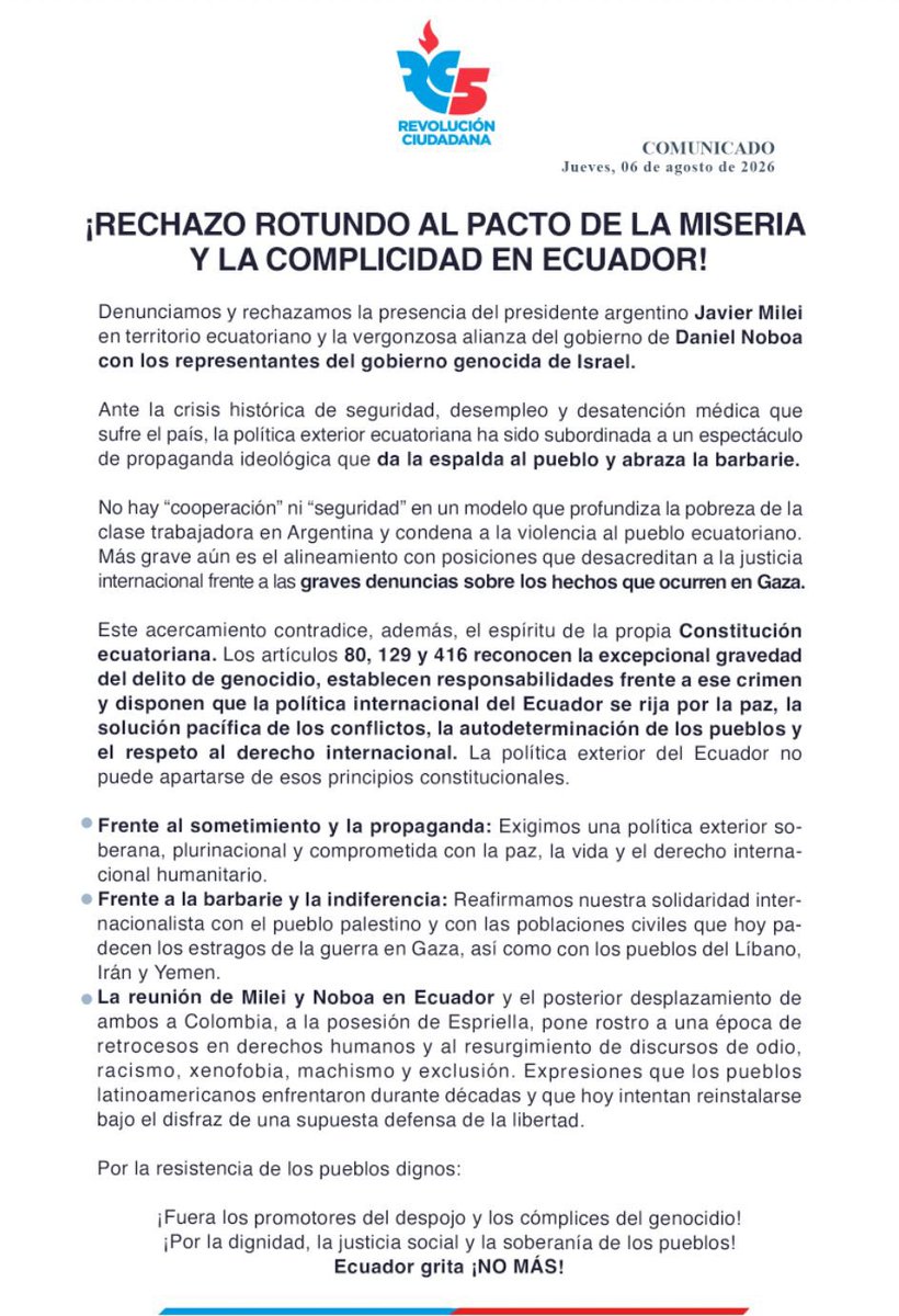 RC5Oficial's tweet photo. La política exterior de un país debe construirse sobre la dignidad, la paz y el respeto al derecho internacional, no sobre la búsqueda de aplausos entre gobiernos inhumanos y vergonzosos. 

Nuestro pronunciamiento frente a la visita de @JMilei y el peligroso alineamiento del gobierno de @DanielNoboaOk con agendas que avergüenzan a nuestros pueblos.