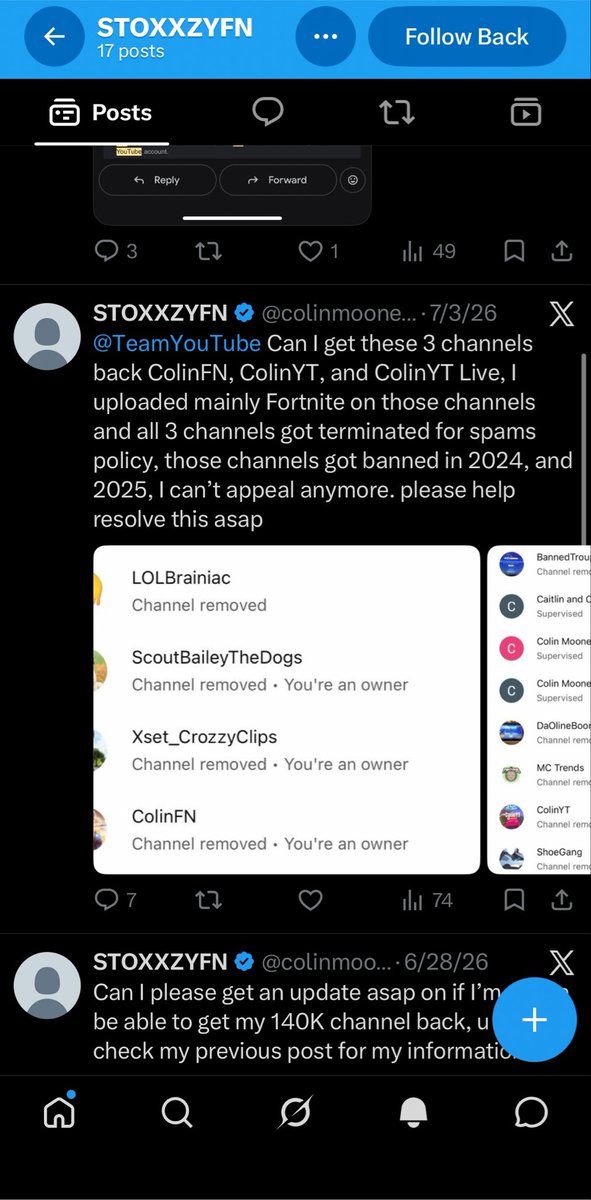 Joe2ShiestyLit's tweet photo. 🚨 This is INSANE, YouTube.

❤️ LIKE if you believe creators deserve consistent enforcement.
🔁 REPOST so @TeamYouTube sees this.
💬 COMMENT and tag @TeamYouTube.
📌 Check my pinned post to see the full history behind HIS case.

A month ago, I made a post about this case. I never tagged him, and I even blurred everything so nobody could identify or find his account.

Fast forward to yesterday…

After TeamYouTube told me my case is under review, he found my post and commented:

“Stop begging, they’re not gonna give it back.”

Yet in the screenshots he provided to TeamYouTube, you can see channel terminations in 2024, 2025, and 2026, including spam/scam and circumvention actions. His 2024 and 2025 channels remained terminated, while three of his 2026 circumvention-related channels were reinstated.

Even after those reinstatements on May 19, he was still asking TeamYouTube in July to restore additional channels from his 2024 and 2025 terminations.

Now he’s telling other creators to stop fighting for their channels.

Most creators don’t get the amount of chances he got let alone a chance at all. Yet after repeated terminations, he still had some of his channels restored. Now he’s telling everyone else to give up.

This isn’t just about one creator it’s about YouTube’s consistency. Why do some creators get multiple opportunities and additional reviews while others don’t even get one?

YouTube, do better. Consistency matters.