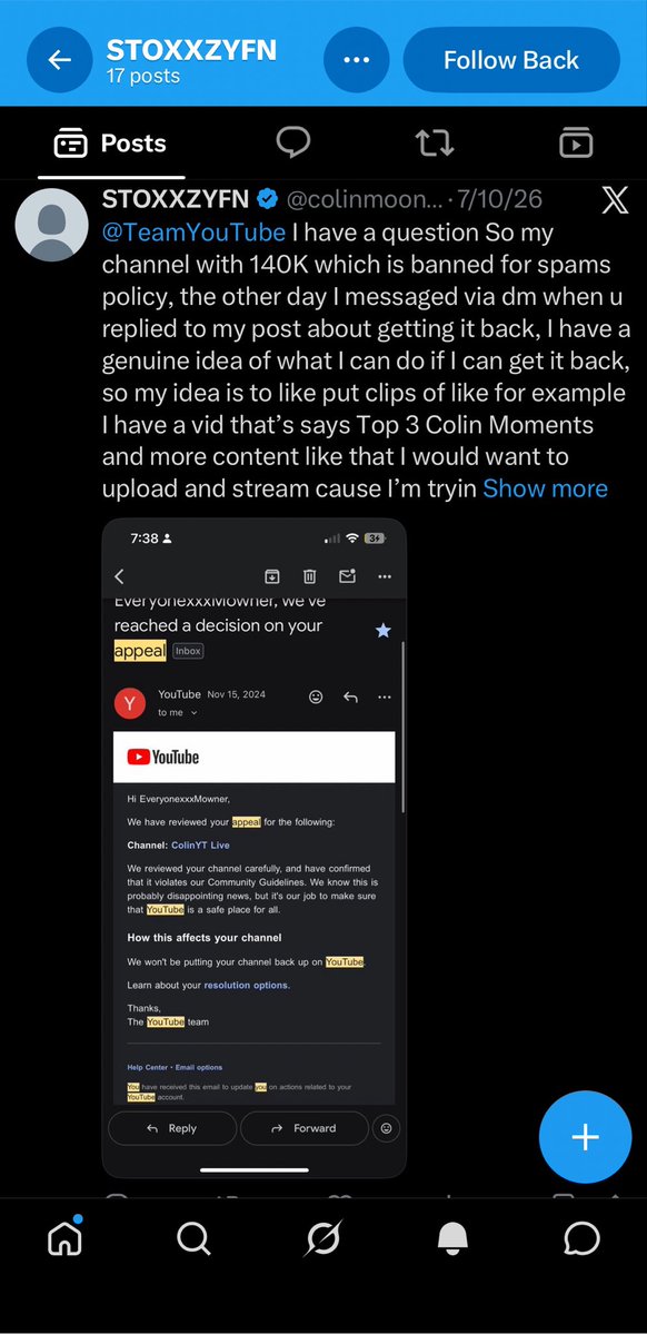 Joe2ShiestyLit's tweet photo. 🚨 This is INSANE, YouTube.

❤️ LIKE if you believe creators deserve consistent enforcement.
🔁 REPOST so @TeamYouTube sees this.
💬 COMMENT and tag @TeamYouTube.
📌 Check my pinned post to see the full history behind HIS case.

A month ago, I made a post about this case. I never tagged him, and I even blurred everything so nobody could identify or find his account.

Fast forward to yesterday…

After TeamYouTube told me my case is under review, he found my post and commented:

“Stop begging, they’re not gonna give it back.”

Yet in the screenshots he provided to TeamYouTube, you can see channel terminations in 2024, 2025, and 2026, including spam/scam and circumvention actions. His 2024 and 2025 channels remained terminated, while three of his 2026 circumvention-related channels were reinstated.

Even after those reinstatements on May 19, he was still asking TeamYouTube in July to restore additional channels from his 2024 and 2025 terminations.

Now he’s telling other creators to stop fighting for their channels.

Most creators don’t get the amount of chances he got let alone a chance at all. Yet after repeated terminations, he still had some of his channels restored. Now he’s telling everyone else to give up.

This isn’t just about one creator it’s about YouTube’s consistency. Why do some creators get multiple opportunities and additional reviews while others don’t even get one?

YouTube, do better. Consistency matters.