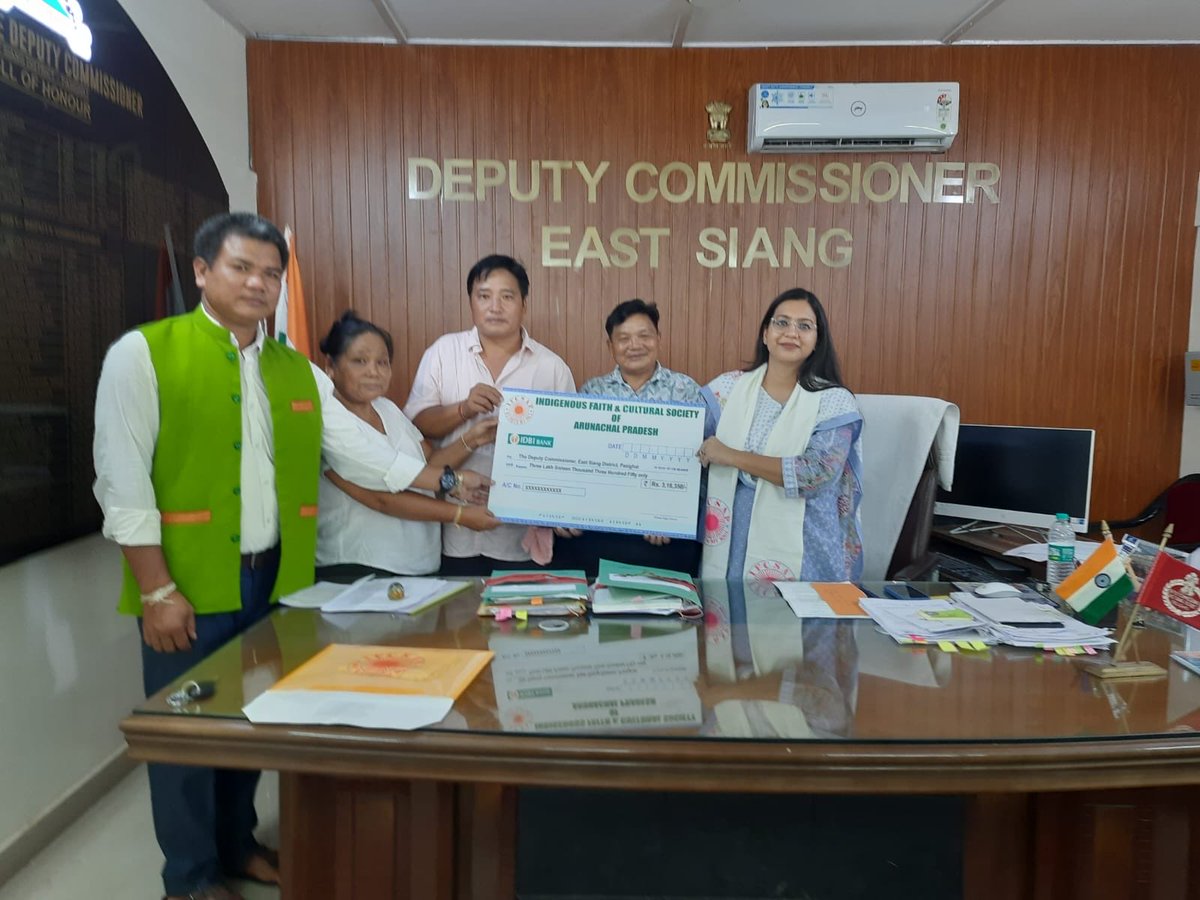 east_siang's tweet photo. The District Administration, East Siang sincerely thanks the Indigenous Faith & Cultural Society of Arunachal Pradesh (IFCSAP) for its generous contribution of ₹3,16,350 towards the relief and rehabilitation of flood-affected families in the district. The cheque was handed over to DC East Siang, Smti Sonalika Jiwani, IAS, by an IFCSAP delegation led by Shri Olom Perme, Vice President, Youth Wing, CEC IFCSAP. Such acts of solidarity and collective support strengthen our relief efforts and bring hope to affected communities. #EastSiang #FloodRelief #CommunitySupport #ArunachalPradesh
