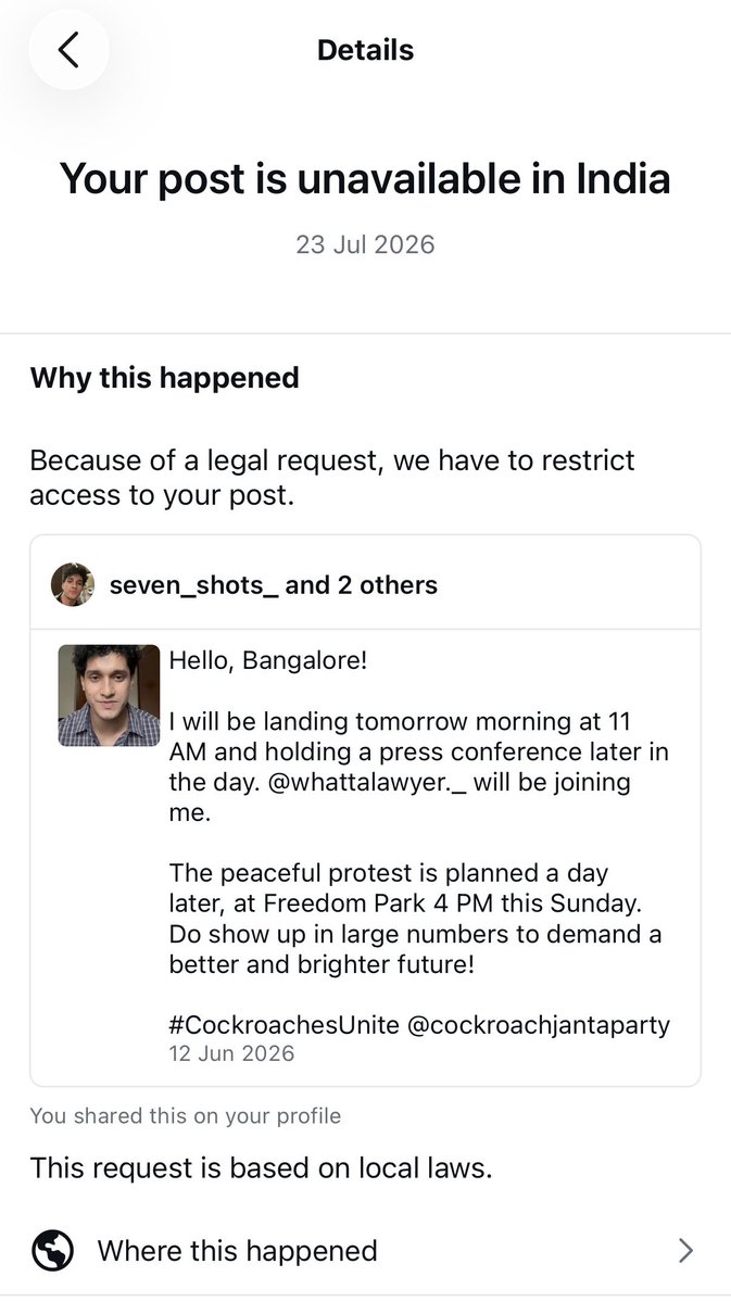 SauravDassss's tweet photo. Turns out my content on Instagram too was restricted in India. What is this blanket ban on protest related and Modi related content? It is unconstitutional and illegal. It is absolutely ridiculous. 

We appeal to @Meta to not succumb to such high-handed pressure from the government. Algos must moderate grossly illegal content, not police free expression. The entire point of free internet is this. Any social media platform doing this under pressure is going against free speech principles and public interest.