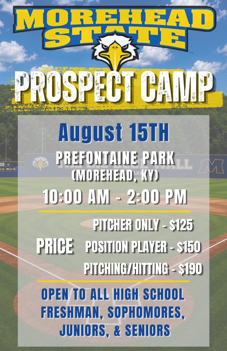 CrittenbergerTy's tweet photo. Morehead State Baseball has a camp coming up— August 15th

It’s a great opportunity to showcase your talents, get to know our staff, and compete!!

🚨Check in starts at 9:00AM🚨

For sign ups click the link below

https://t.co/TovDf6OWNS https://t.co/rJK2zYUT4N