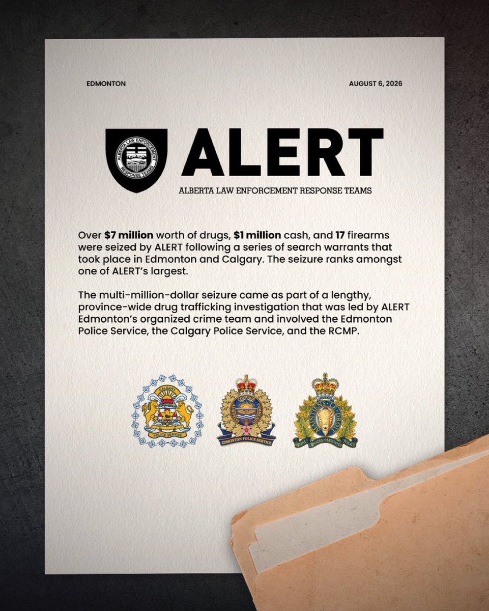 yegwave's tweet photo. BREAKING: ALERT has seized more than $7 million in drugs, $1.15 million in cash and 17 firearms in one of its largest operations. 

The 10-month investigation targeted a trafficking network between Edmonton and Calgary. Several people were arrested; charges are pending. https://t.co/LdymFZwZce