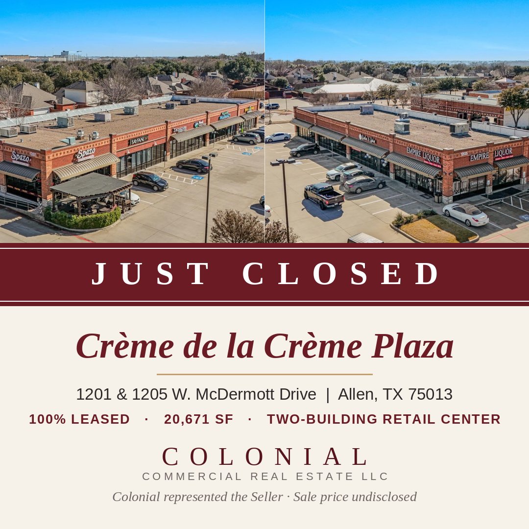 ColonialCRE_'s tweet photo. CLOSED ✔ Crème de la Crème Plaza, Allen TX — 100% leased, 20,671 SF, 2-building daily-needs retail center on McDermott Dr (±37K VPD). Colonial represented the seller. Own DFW retail? Let’s talk value: 817-889-1829 #JustClosed #CRE #DFW
https://t.co/7JNgoIyOpo https://t.co/Kt0uqIToDQ