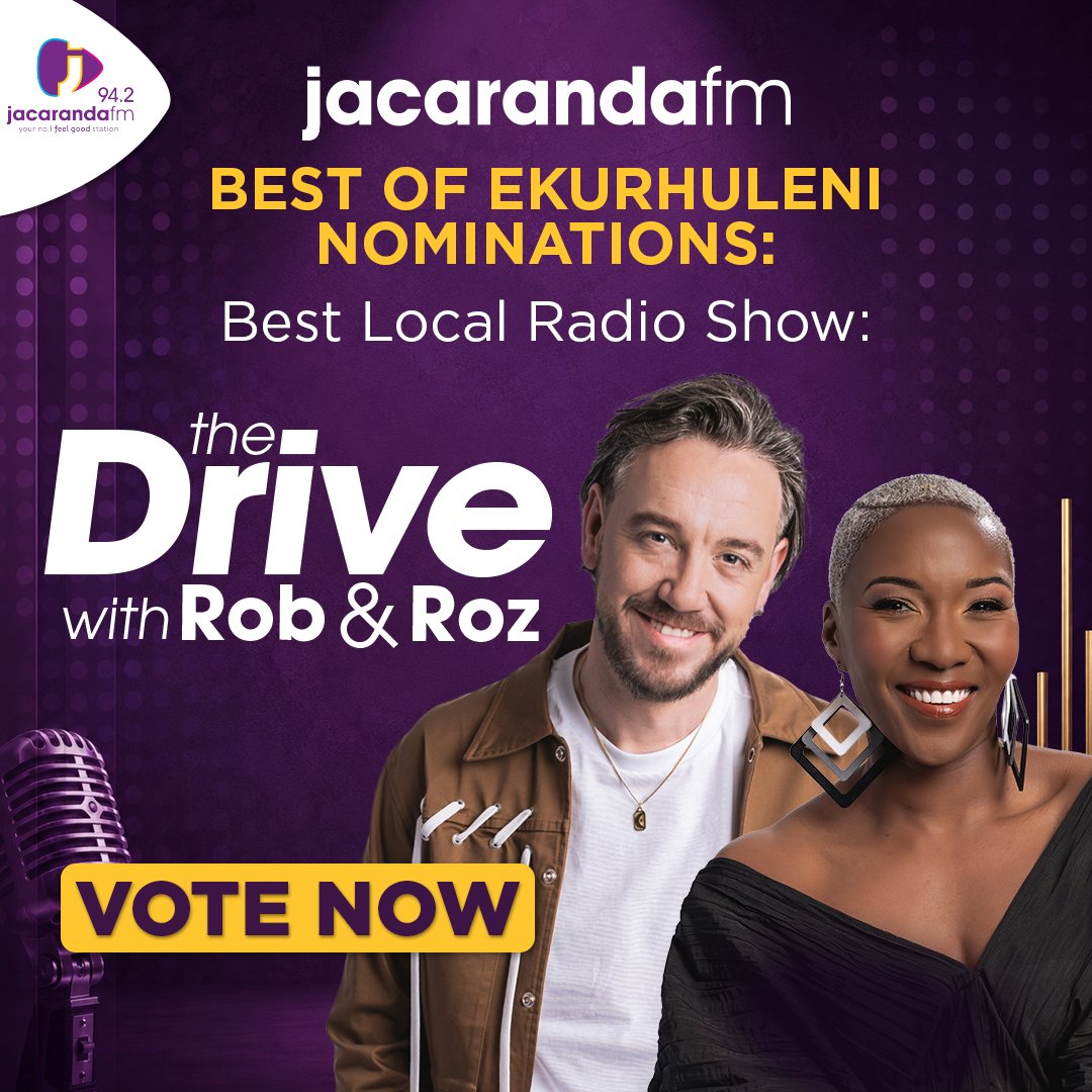 JacaDrive's tweet photo. The Drive with Rob &amp; Roz has been nominated for Best Local Radio Show at this year's Best of Ekurhuleni Awards!🤩

Vote for The Drive with Rob and Roz: https://t.co/Tgwv1Pkm39

#YourNo1FeelGoodStation #BestOfEkurhuleni #DriveWithRobAndRoz https://t.co/JymW8fbCp9