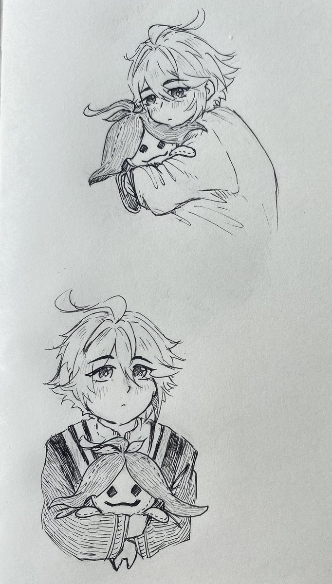 nivithia's tweet photo. @sproutcase IM SORRYYY 
Let me offer you this sketch of small Haitham with his Aranara plushie as an apology (i tried my best xD) https://t.co/ZxnAZYRRzi